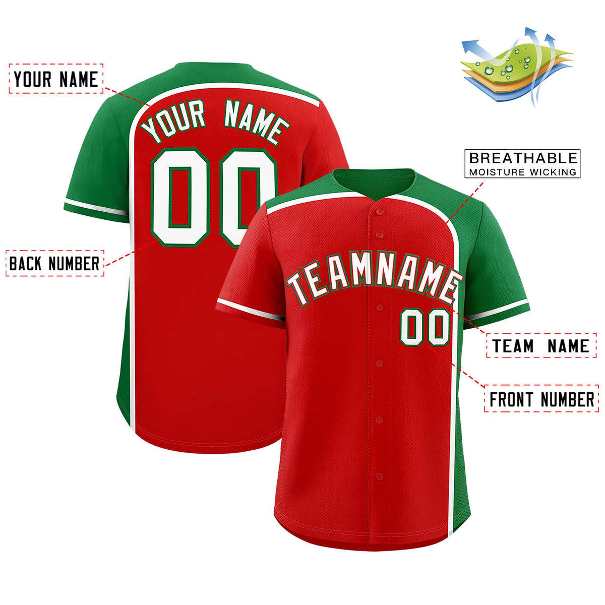 Custom Red Kelly Green Personalized Color Block Authentic Baseball jersey