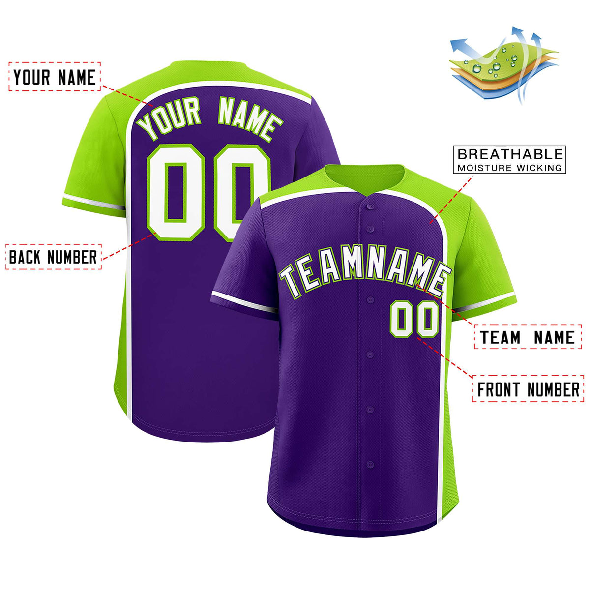 Custom Purple Neon Green Personalized Color Block Authentic Baseball jersey