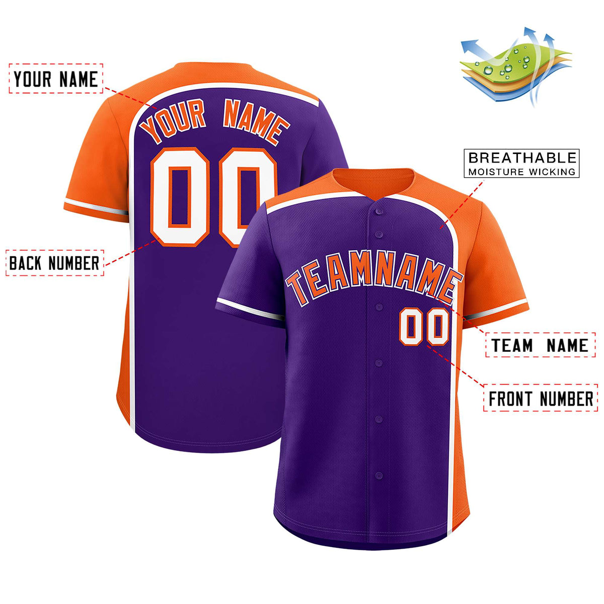 Custom Purple Orange Personalized Color Block Authentic Baseball jersey