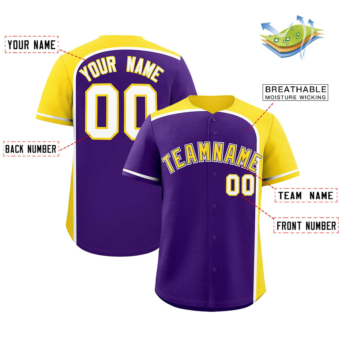 Custom Purple Gold Personalized Color Block Authentic Baseball jersey