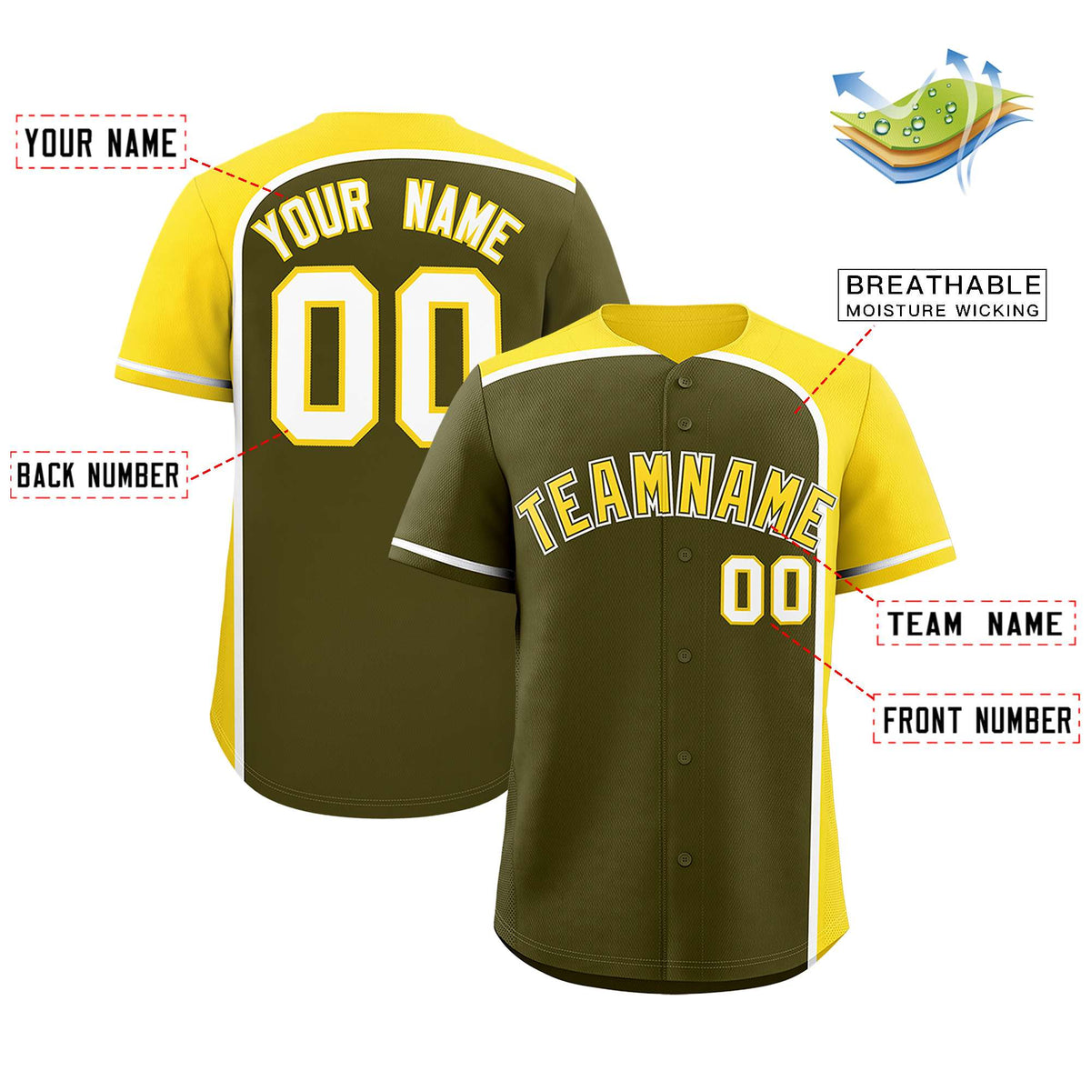 Custom Olive Gold Personalized Color Block Authentic Baseball jersey