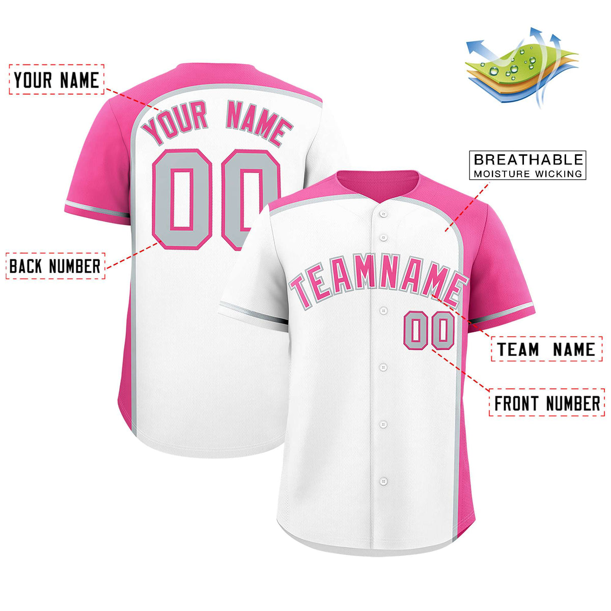 Custom White Pink Personalized Color Block Authentic Baseball jersey