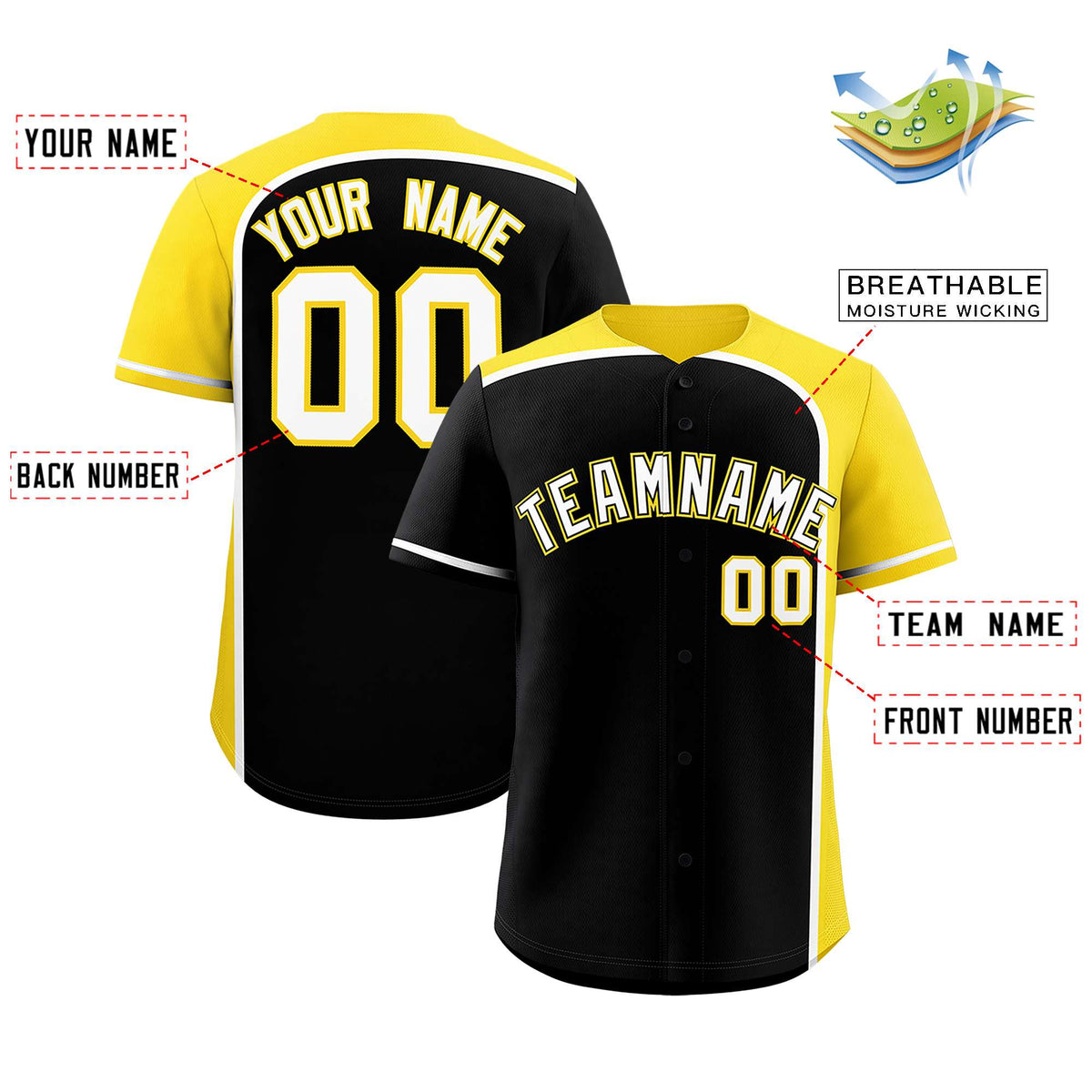 Custom Black Gold Personalized Color Block Authentic Baseball jersey