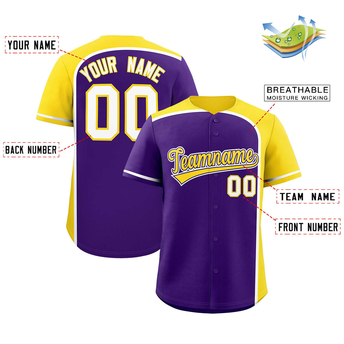 Custom Purple Gold Personalized Color Block Authentic Baseball jersey