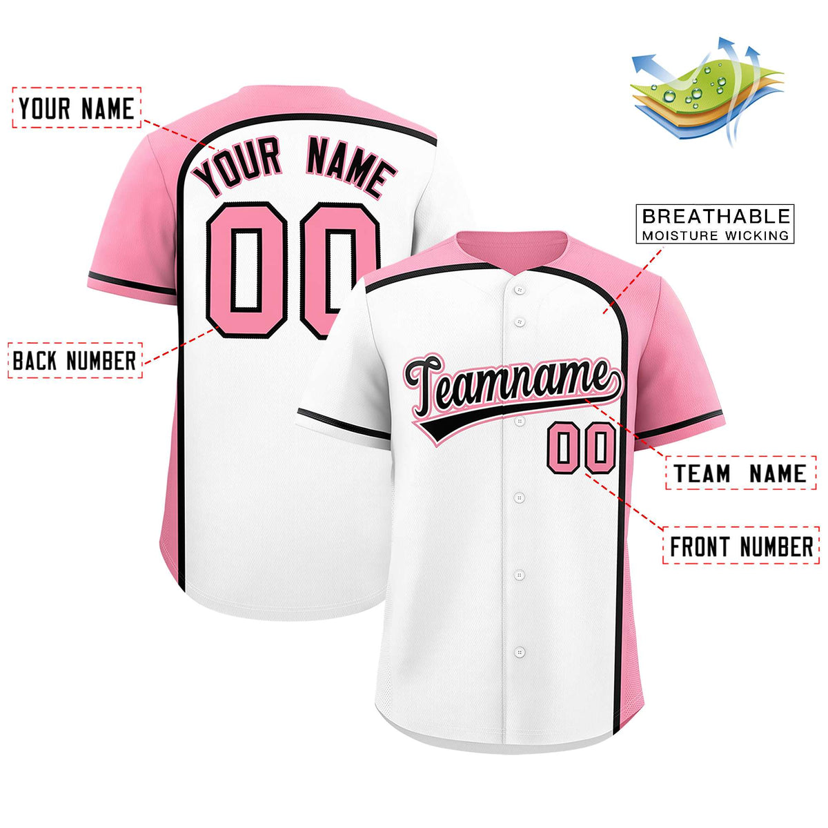 Custom White Light Pink Personalized Color Block Authentic Baseball jersey