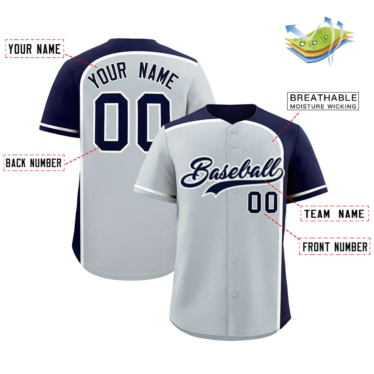 Custom Silver Navy Personalized Color Block Authentic Baseball jersey