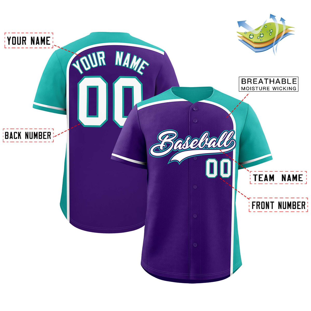 Custom Purple Aqua Personalized Color Block Authentic Baseball jersey