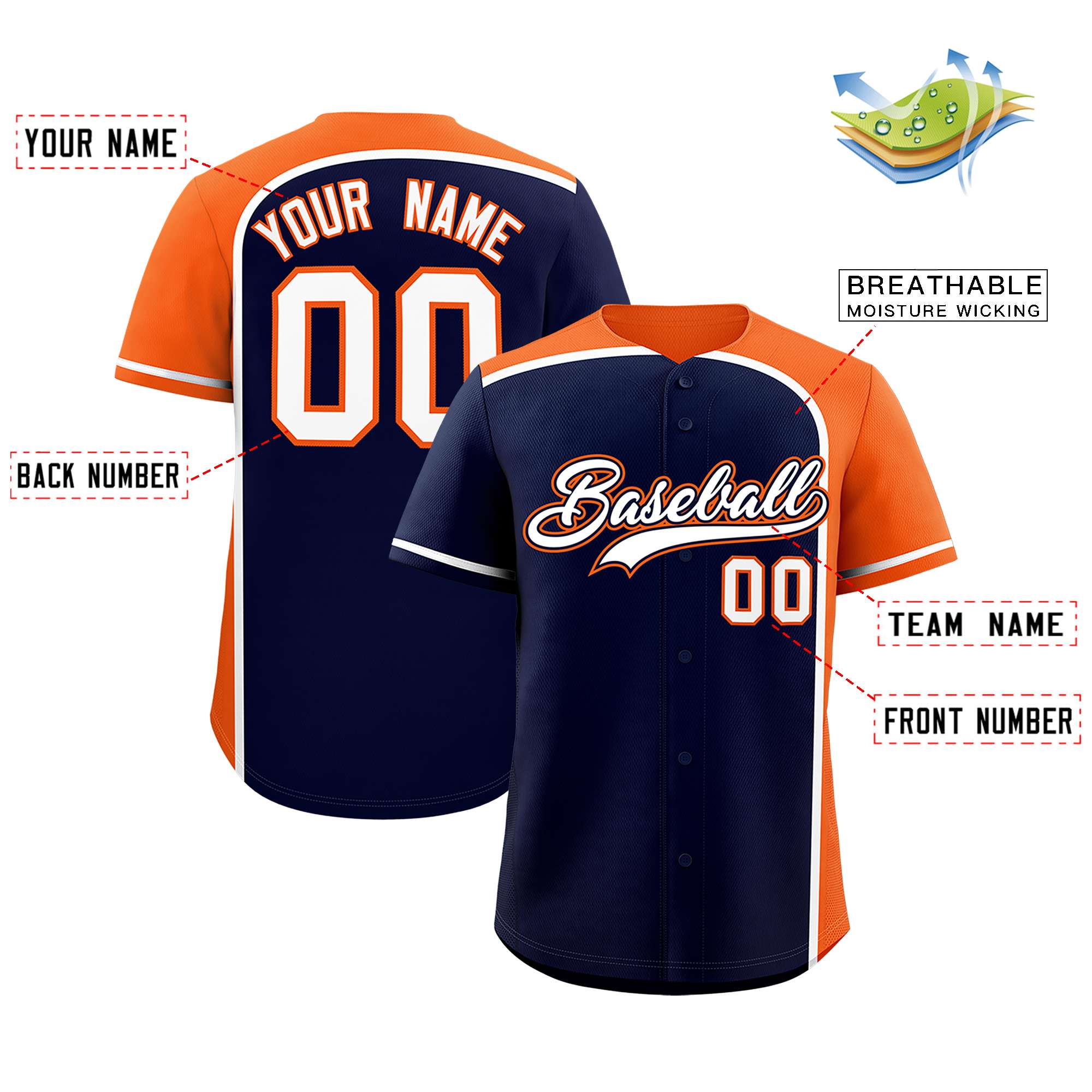 Custom Navy Orange Personalized Color Block Authentic Baseball jersey