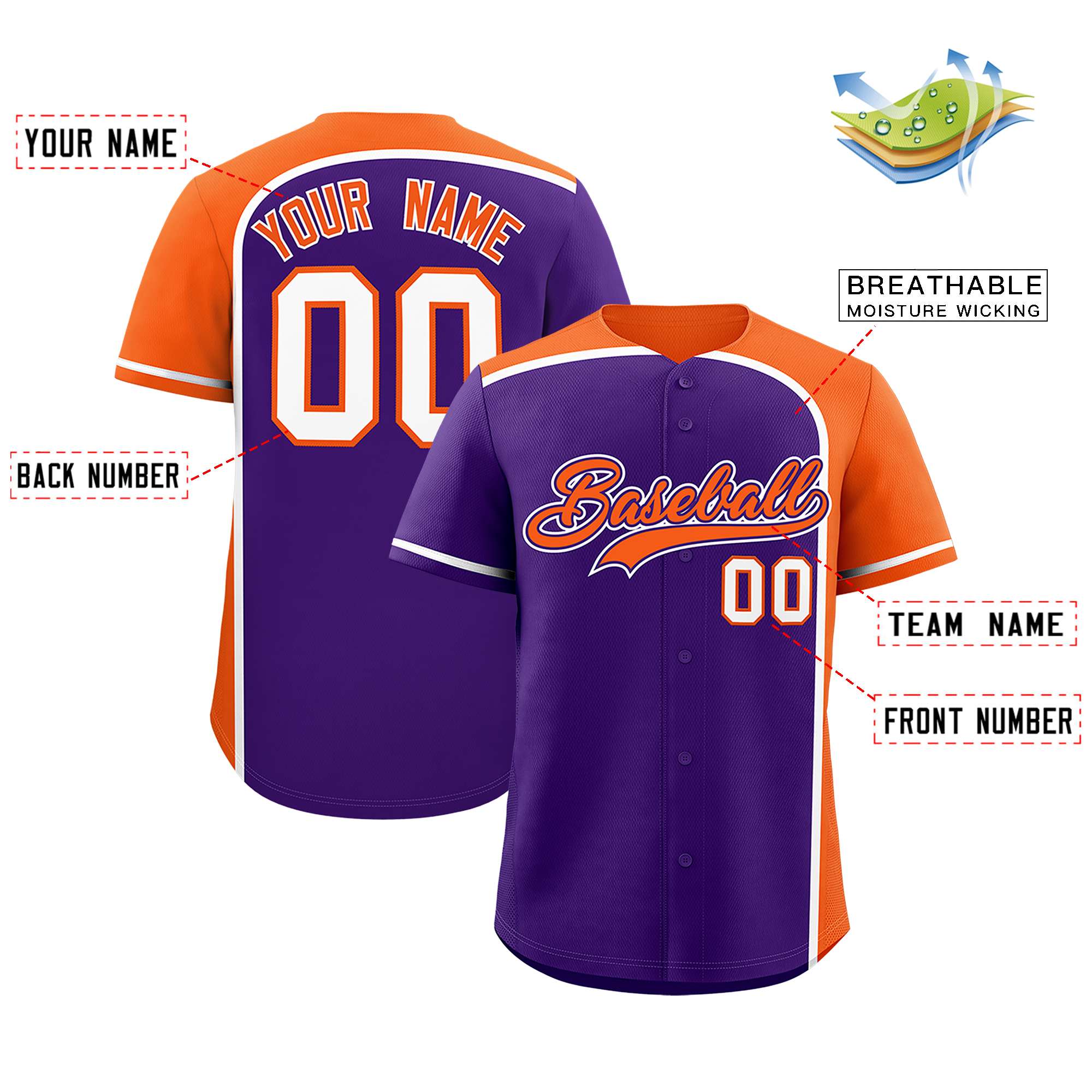 Custom Purple Orange Personalized Color Block Authentic Baseball jersey