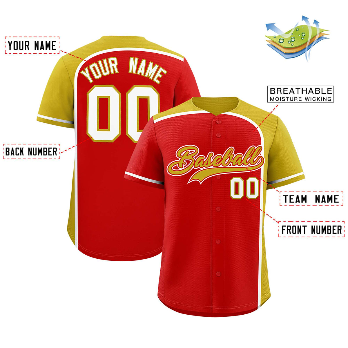 Custom Red Old Gold Personalized Color Block Authentic Baseball jersey