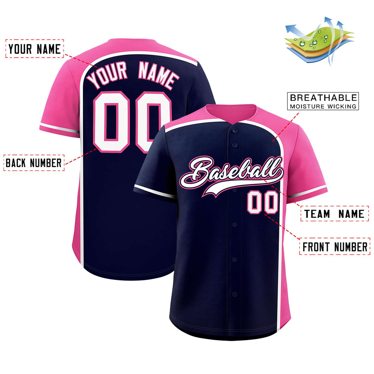 Custom Navy Pink Personalized Color Block Authentic Baseball jersey