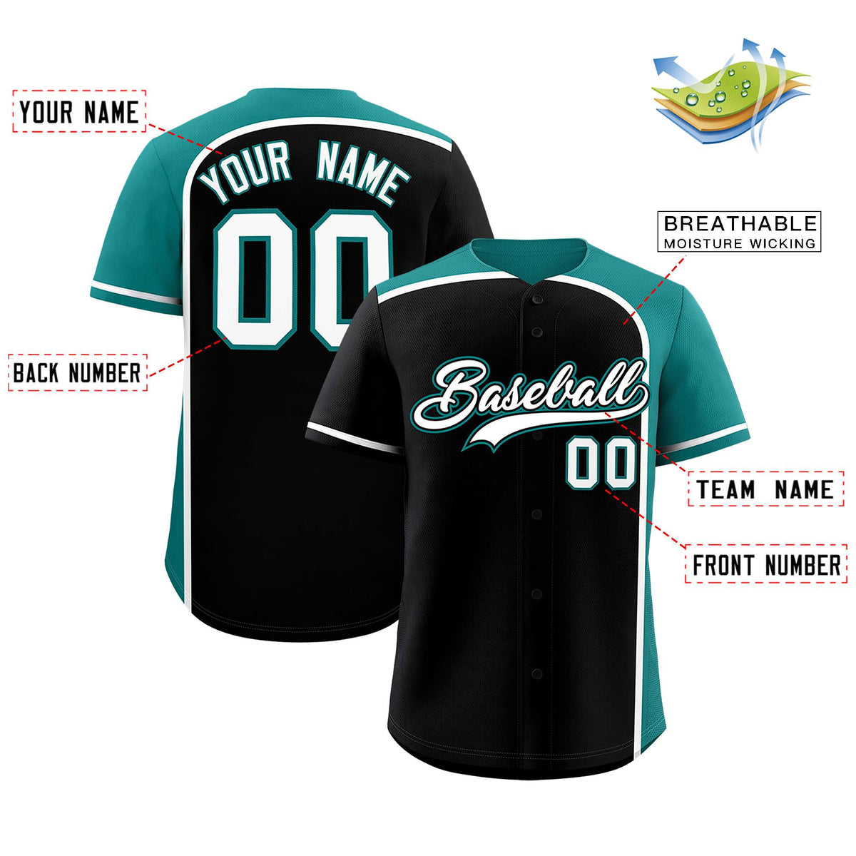 Custom Black Aqua Personalized Color Block Authentic Baseball jersey