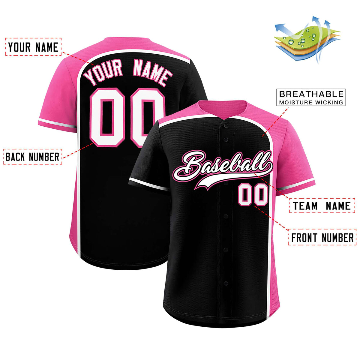 Custom Black Pink Personalized Color Block Authentic Baseball jersey