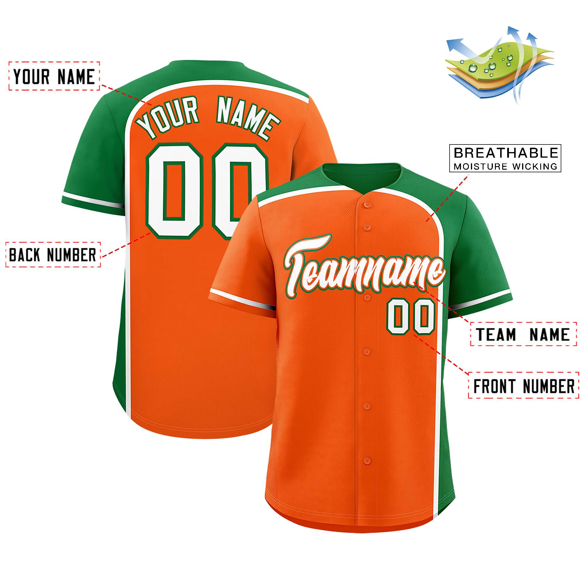 Custom Orange Kelly Green Personalized Color Block Authentic Baseball jersey