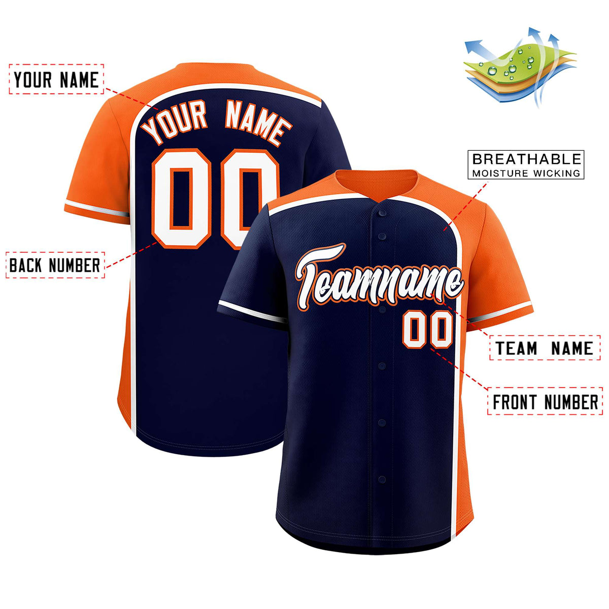 Custom Navy Orange Personalized Color Block Authentic Baseball jersey
