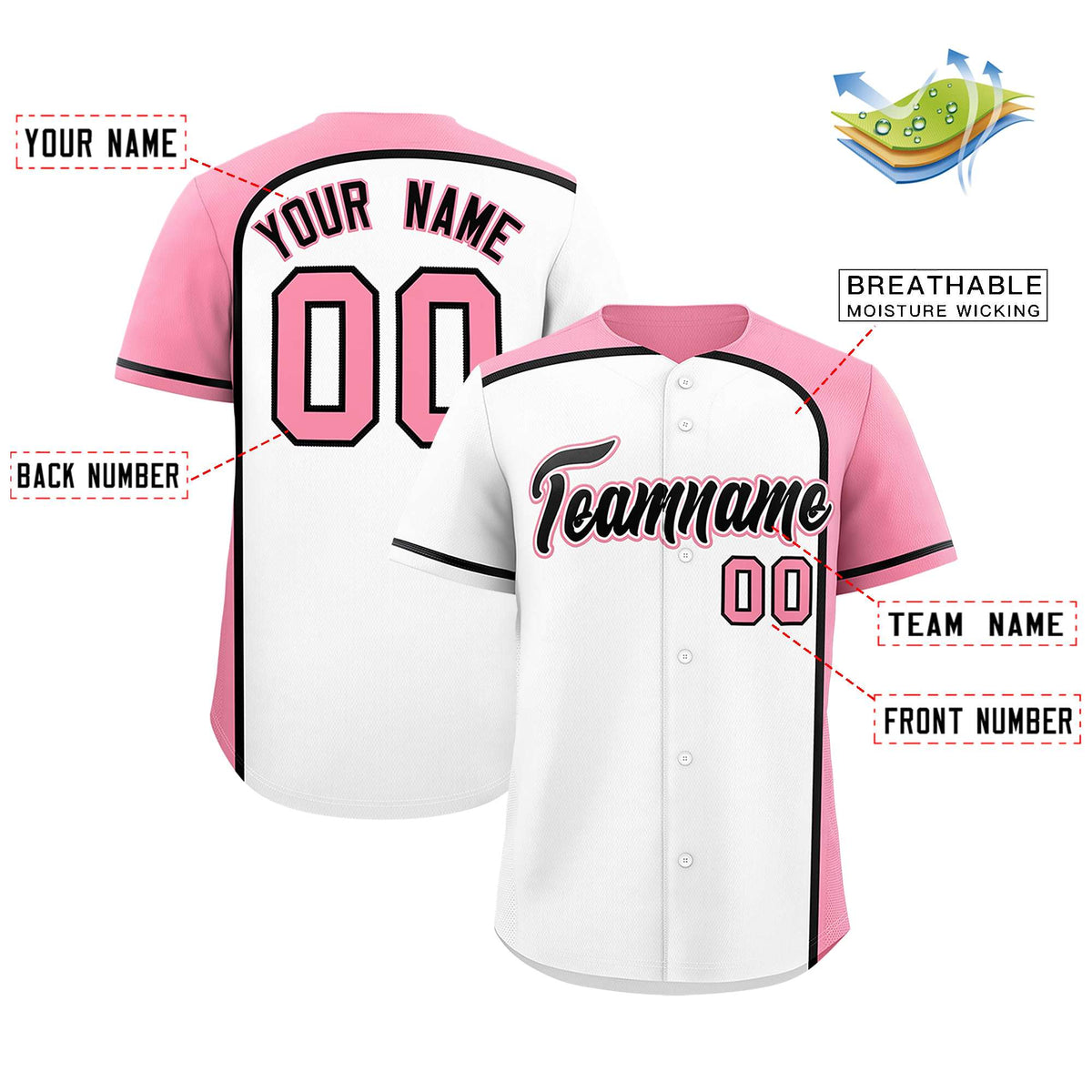 Custom White Light Pink Personalized Color Block Authentic Baseball jersey