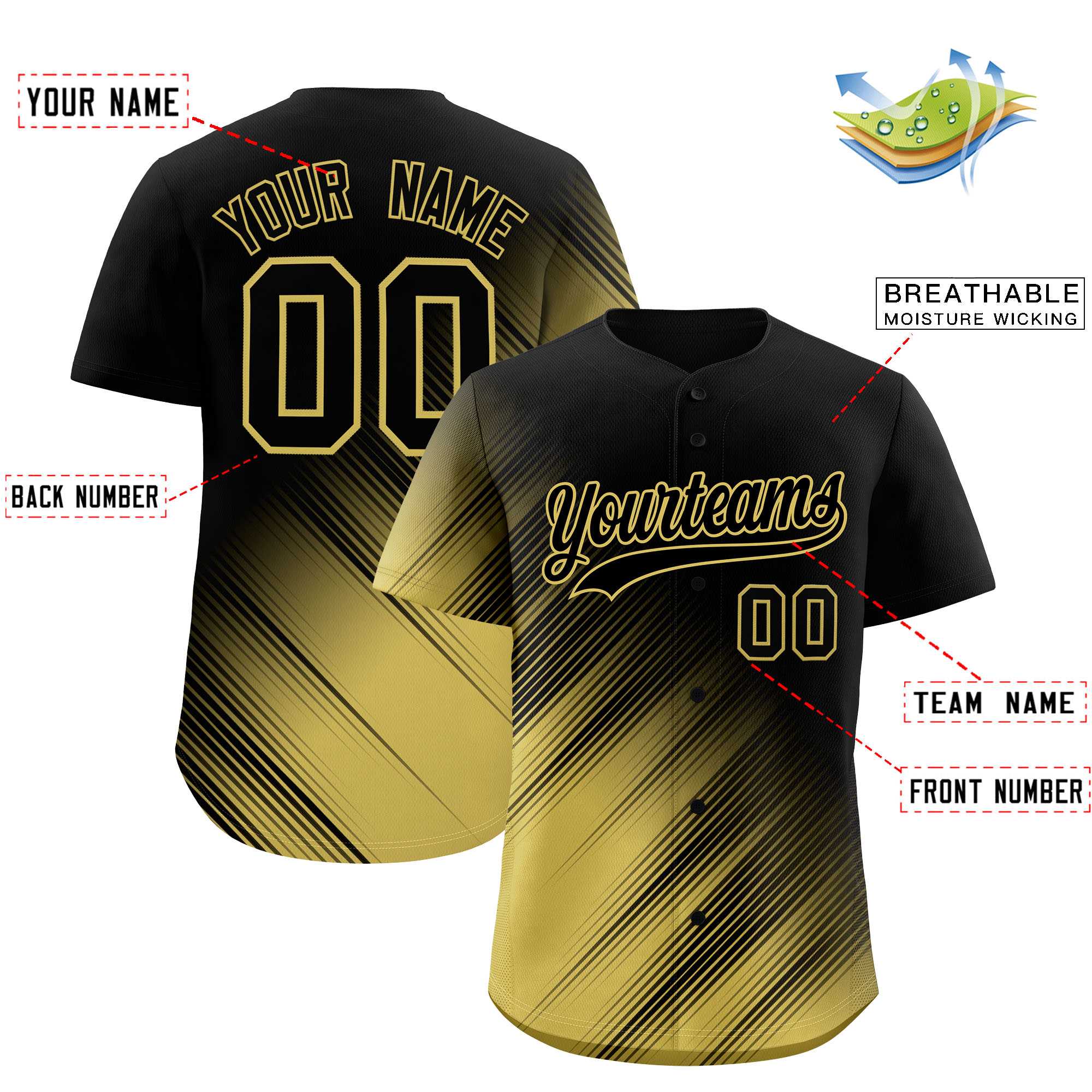 Custom Black Old Gold Diagonal Stripe Personalized Gradient Fashion Baseball Jersey