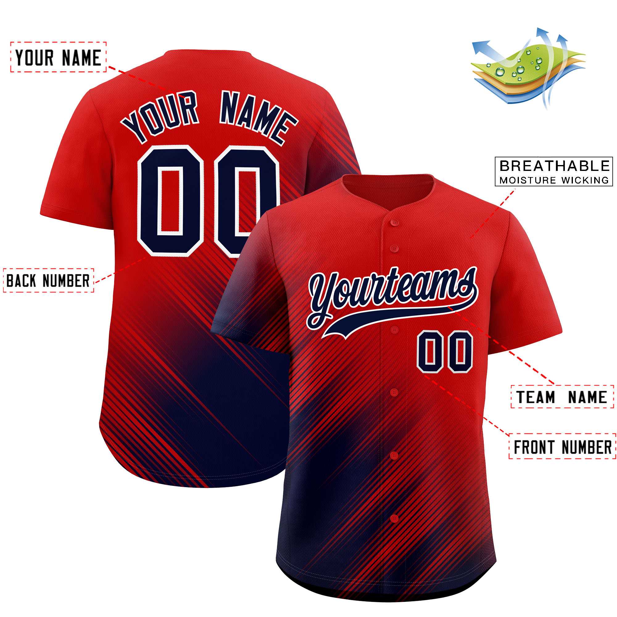 Custom Red Navy Diagonal Stripe Personalized Gradient Fashion Baseball Jersey