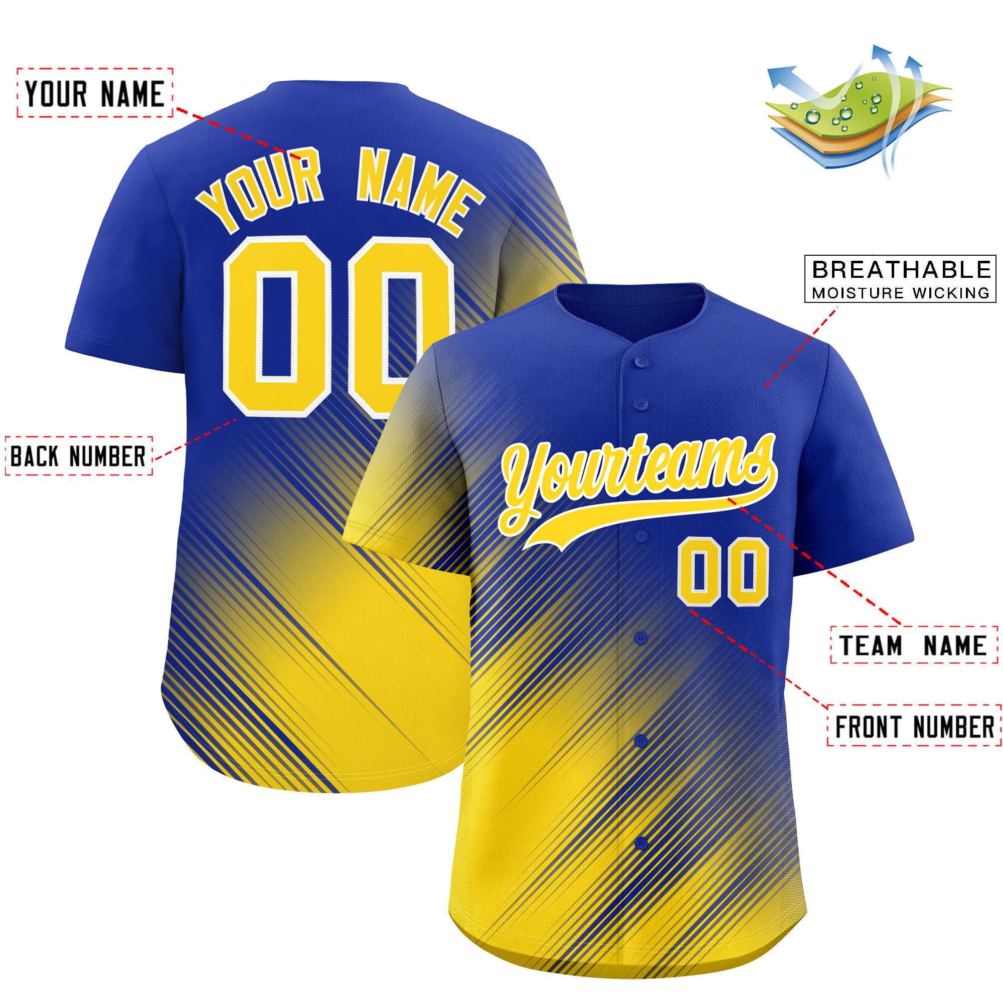 Custom Royal Gold Diagonal Stripe Personalized Gradient Fashion Baseball Jersey