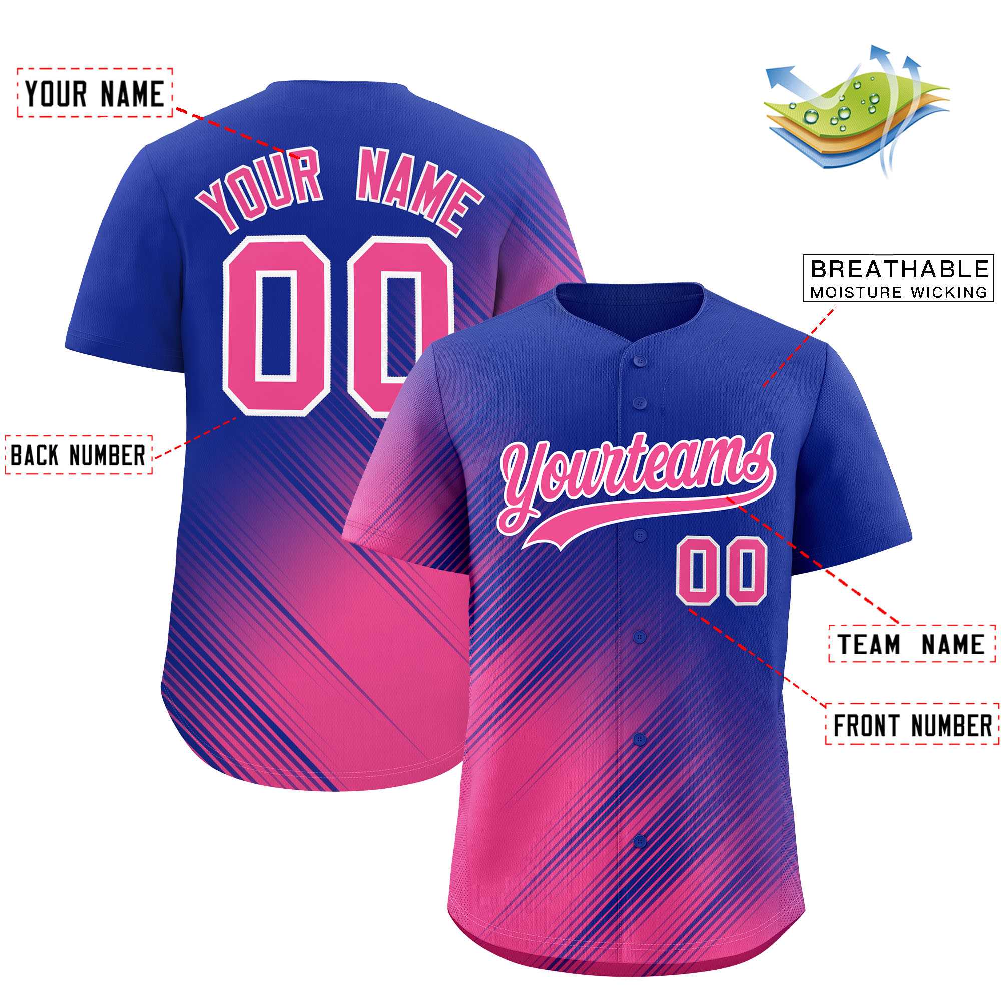 Custom Royal Pink Diagonal Stripe Personalized Gradient Fashion Baseball Jersey