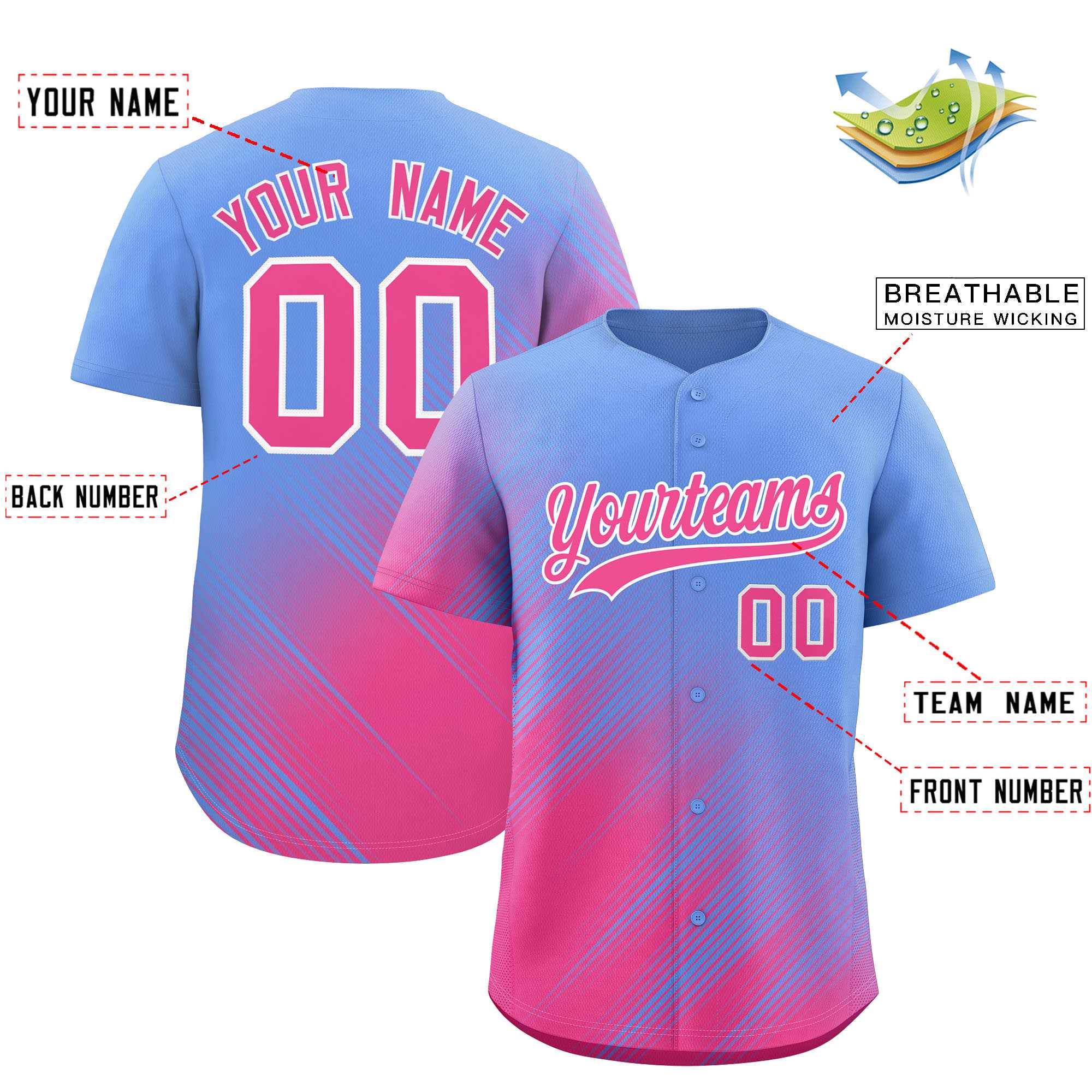 Custom Light Blue Pink Diagonal Stripe Personalized Gradient Fashion Baseball Jersey