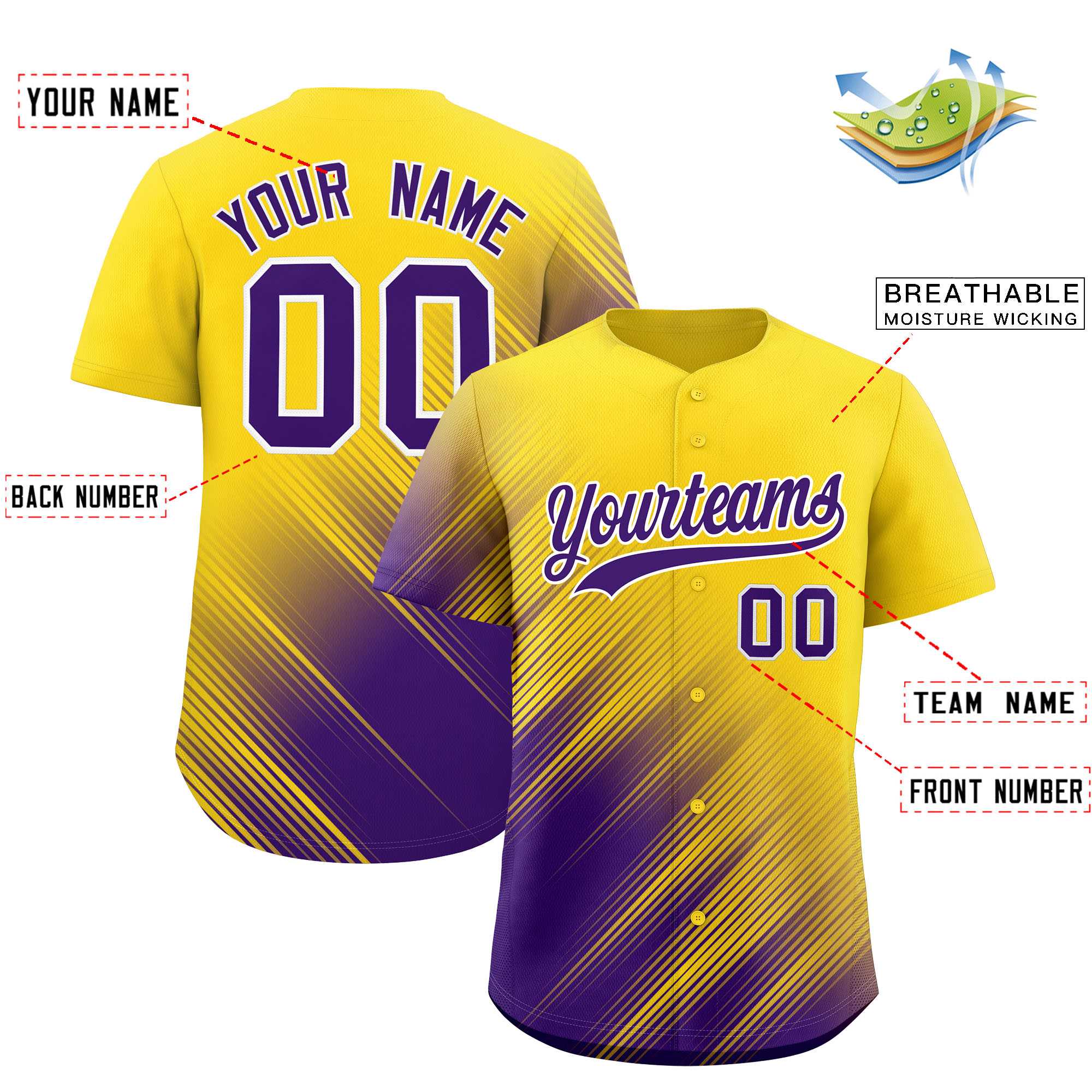 Custom Gold Purple Diagonal Stripe Personalized Gradient Fashion Baseball Jersey