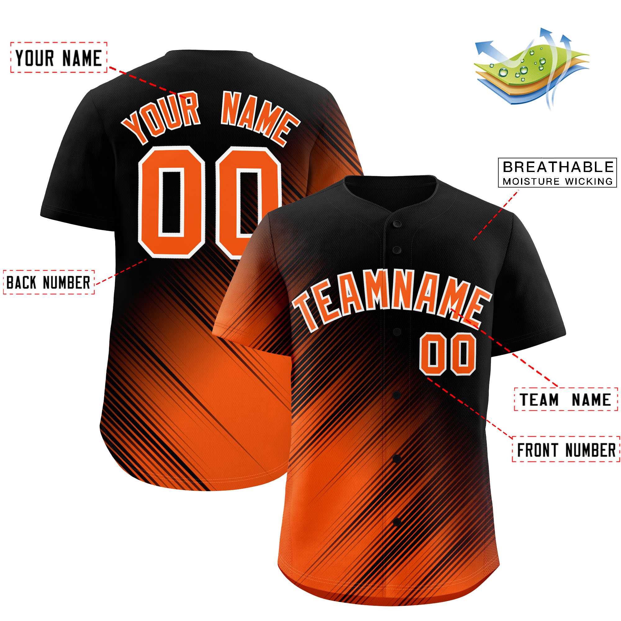Custom Black Orange Diagonal Stripe Personalized Gradient Fashion Baseball Jersey
