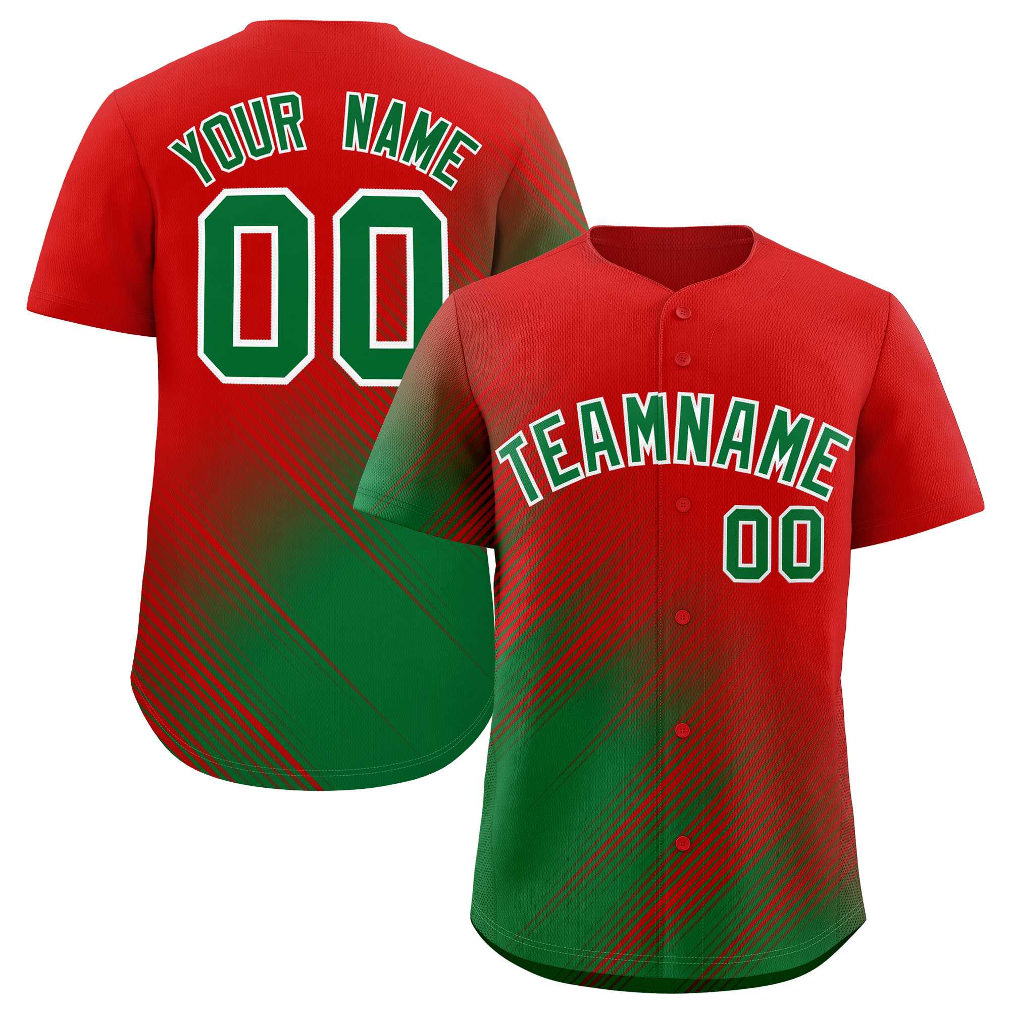 Custom Red Kelly Green Diagonal Stripe Personalized Gradient Fashion Baseball Jersey