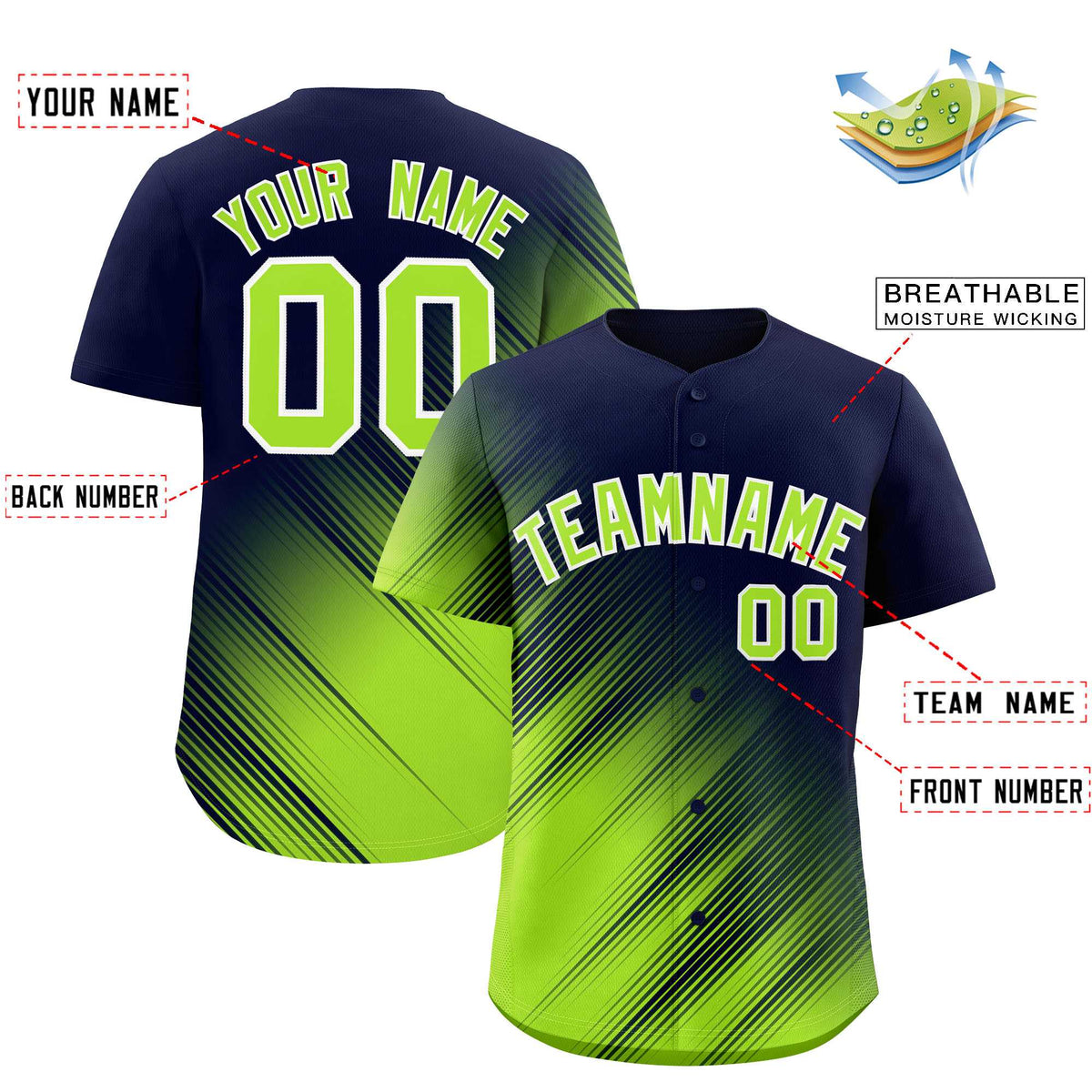 Custom Navy Neon Green Diagonal Stripe Personalized Gradient Fashion Baseball Jersey