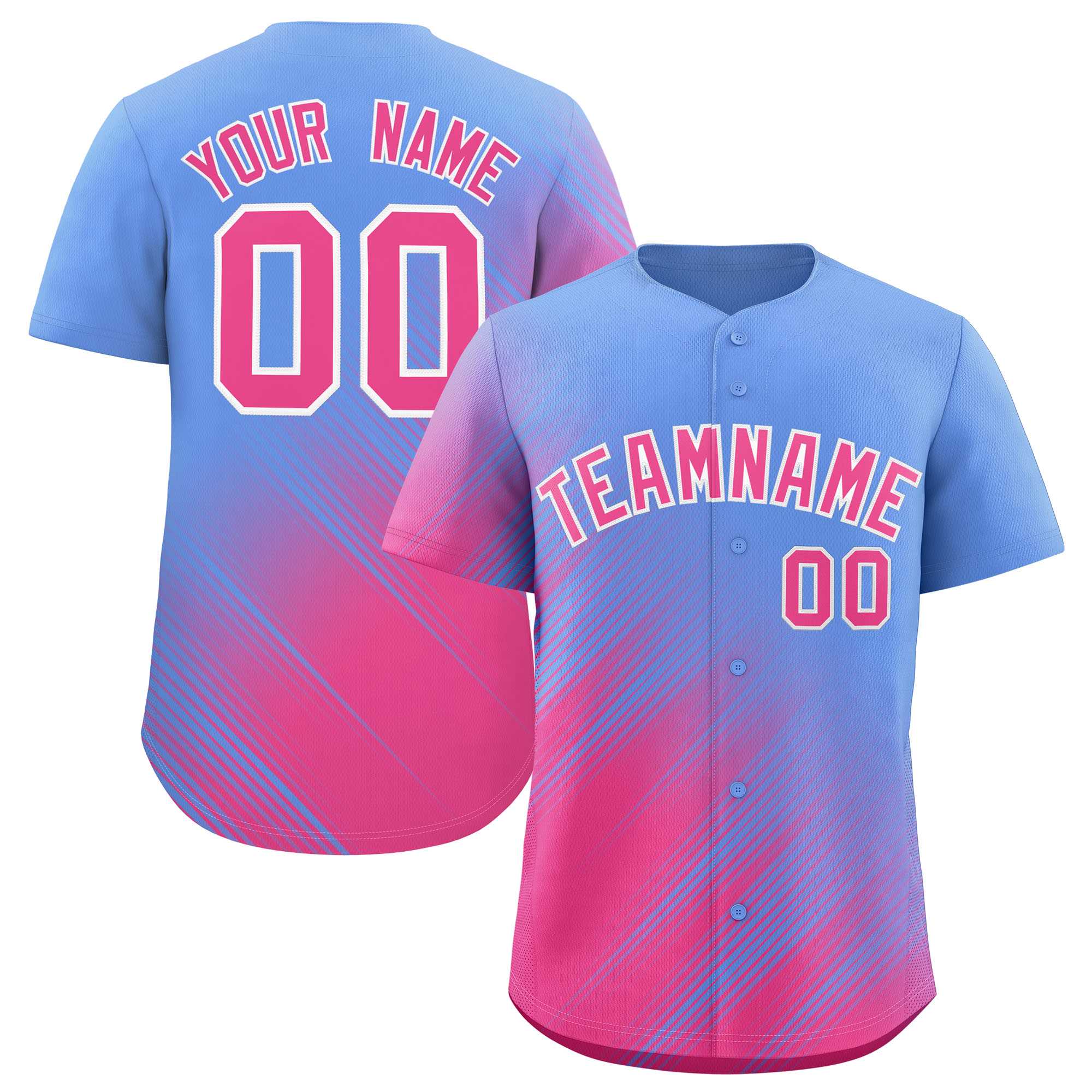 Custom Light Blue Pink Diagonal Stripe Personalized Gradient Fashion Baseball Jersey
