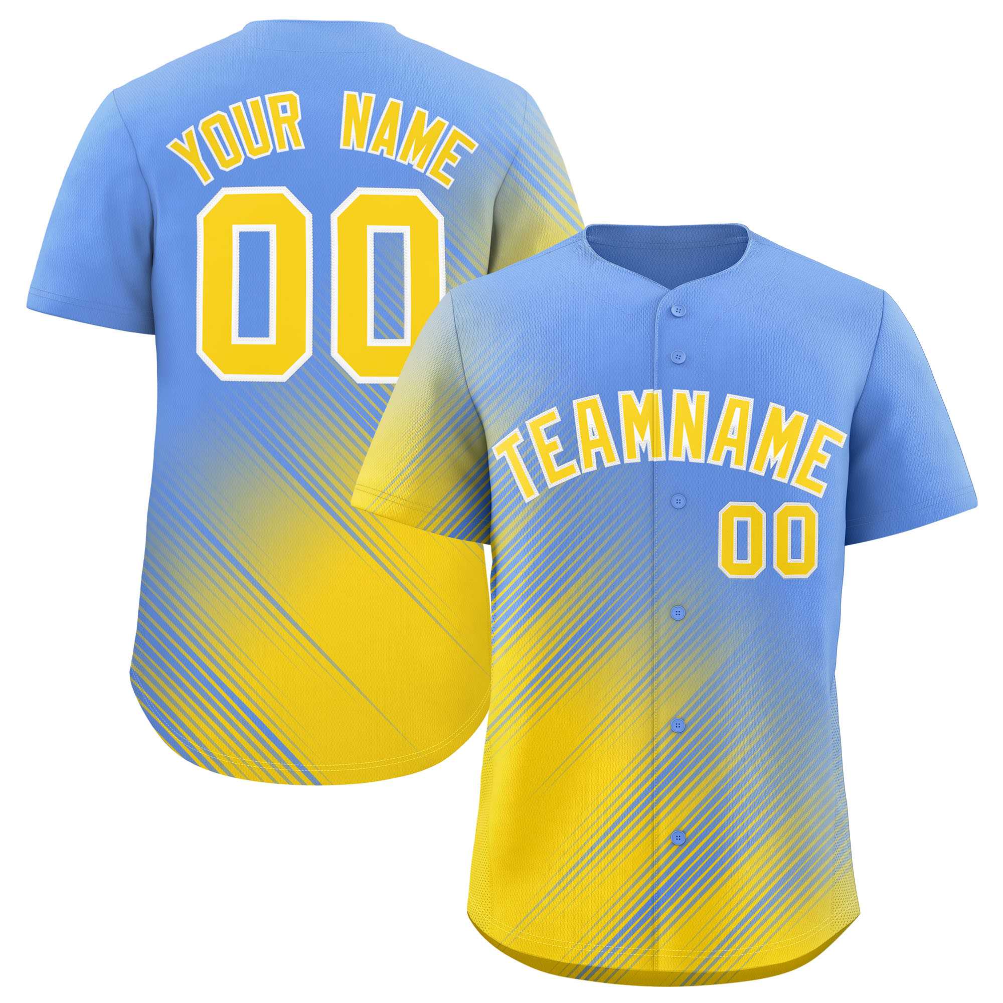 Custom Light Blue Gold Diagonal Stripe Personalized Gradient Fashion Baseball Jersey