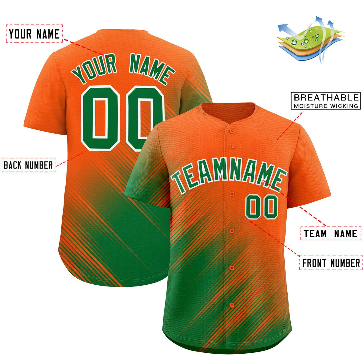 Custom Orange Kelly Green Diagonal Stripe Personalized Gradient Fashion Baseball Jersey