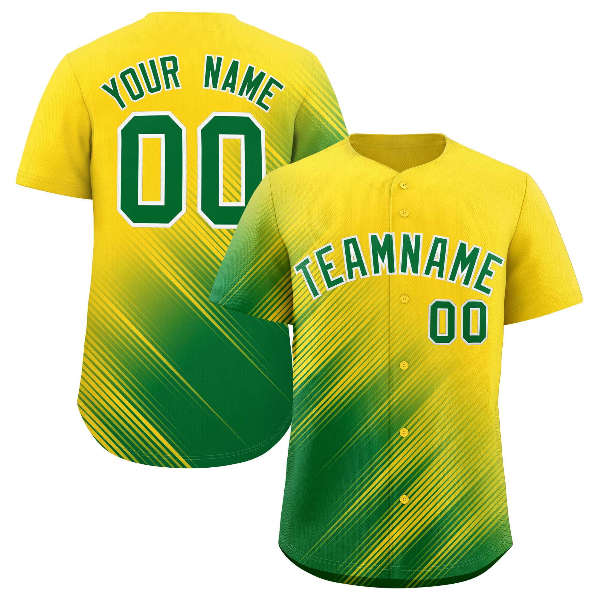 Custom Gold Kelly Green Diagonal Stripe Personalized Gradient Fashion Baseball Jersey