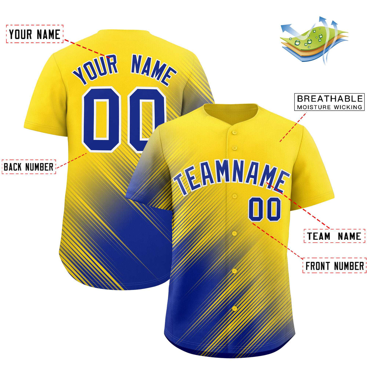 Custom Gold Royal Diagonal Stripe Personalized Gradient Fashion Baseball Jersey