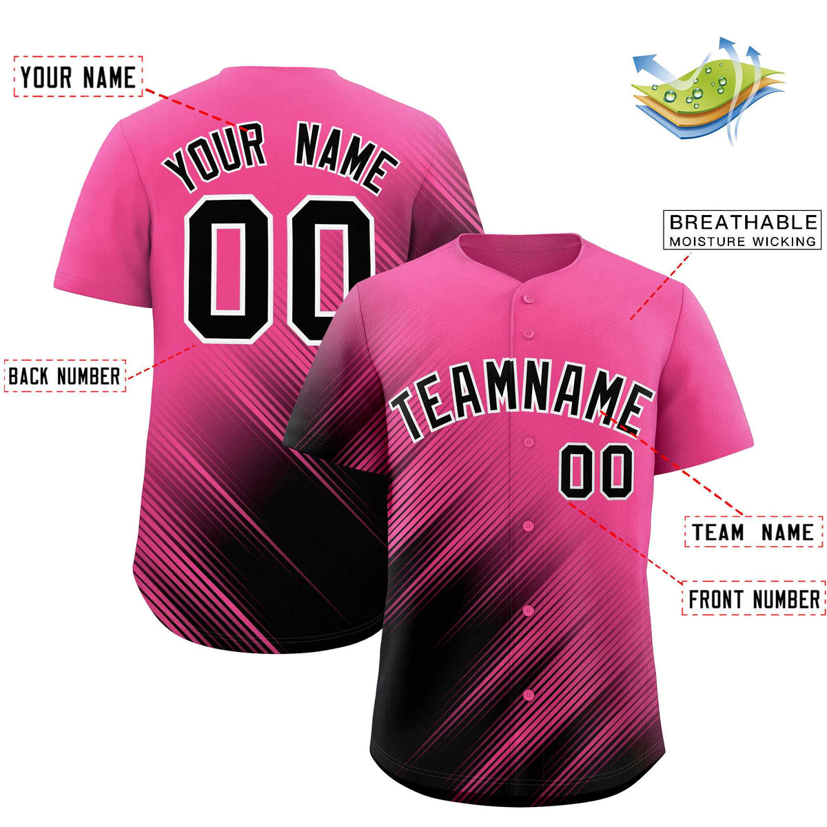 Custom Pink Black Diagonal Stripe Personalized Gradient Fashion Baseball Jersey