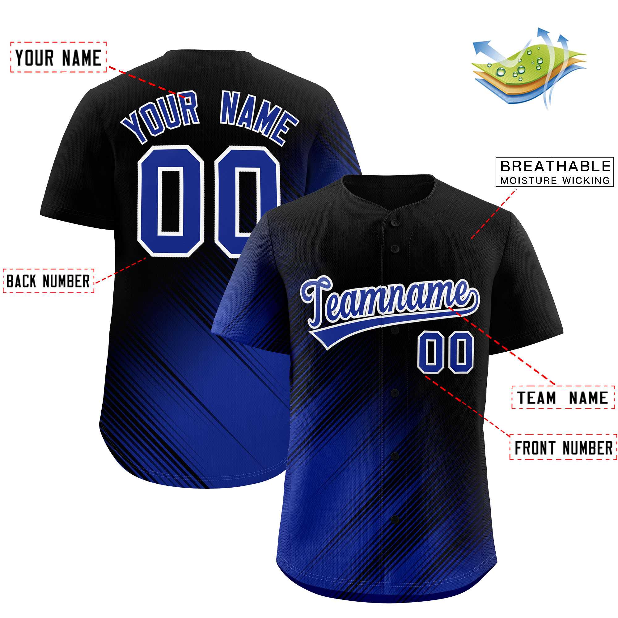 Custom Black Royal Diagonal Stripe Personalized Gradient Fashion Baseball Jersey