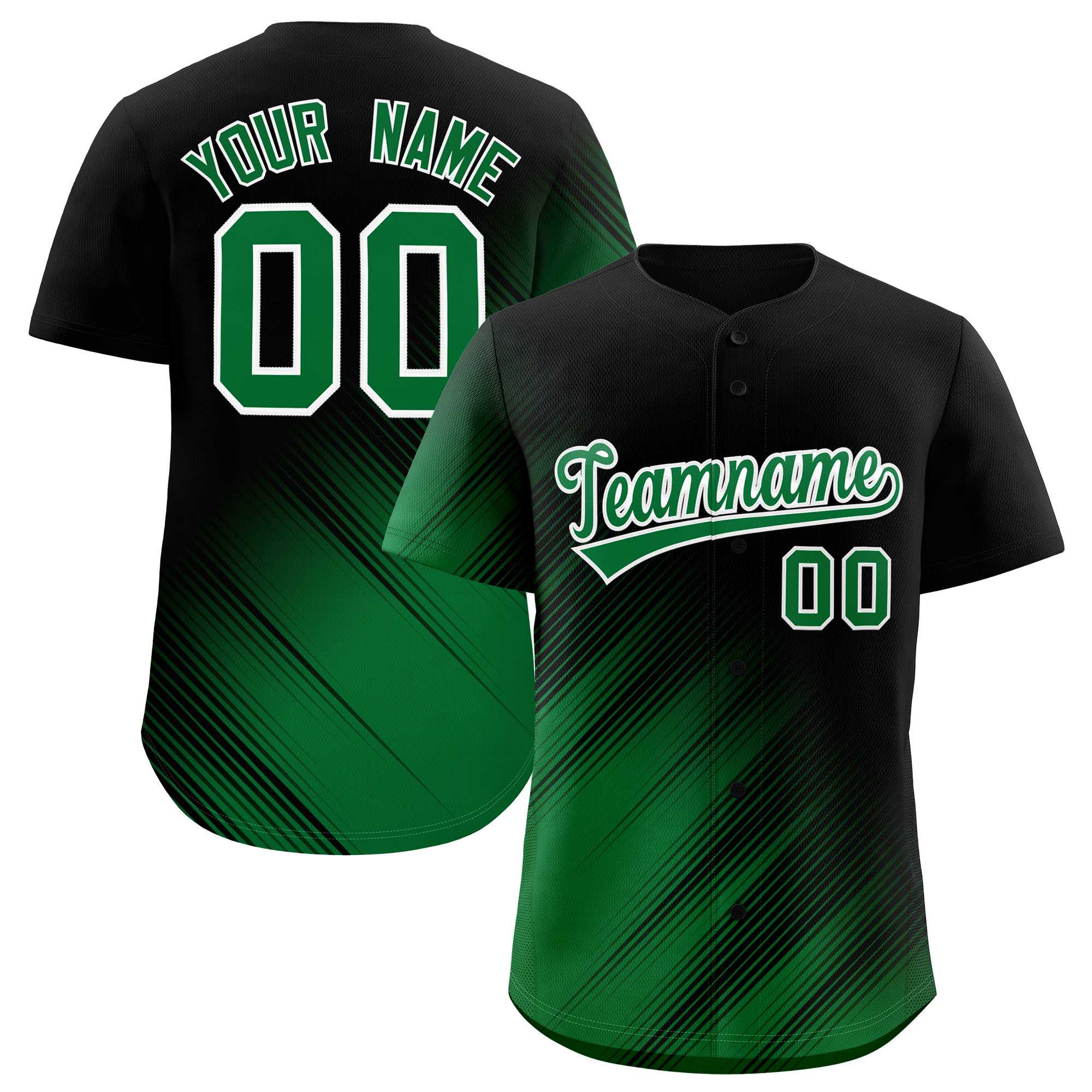 Custom Black Kelly Green Diagonal Stripe Personalized Gradient Fashion Baseball Jersey