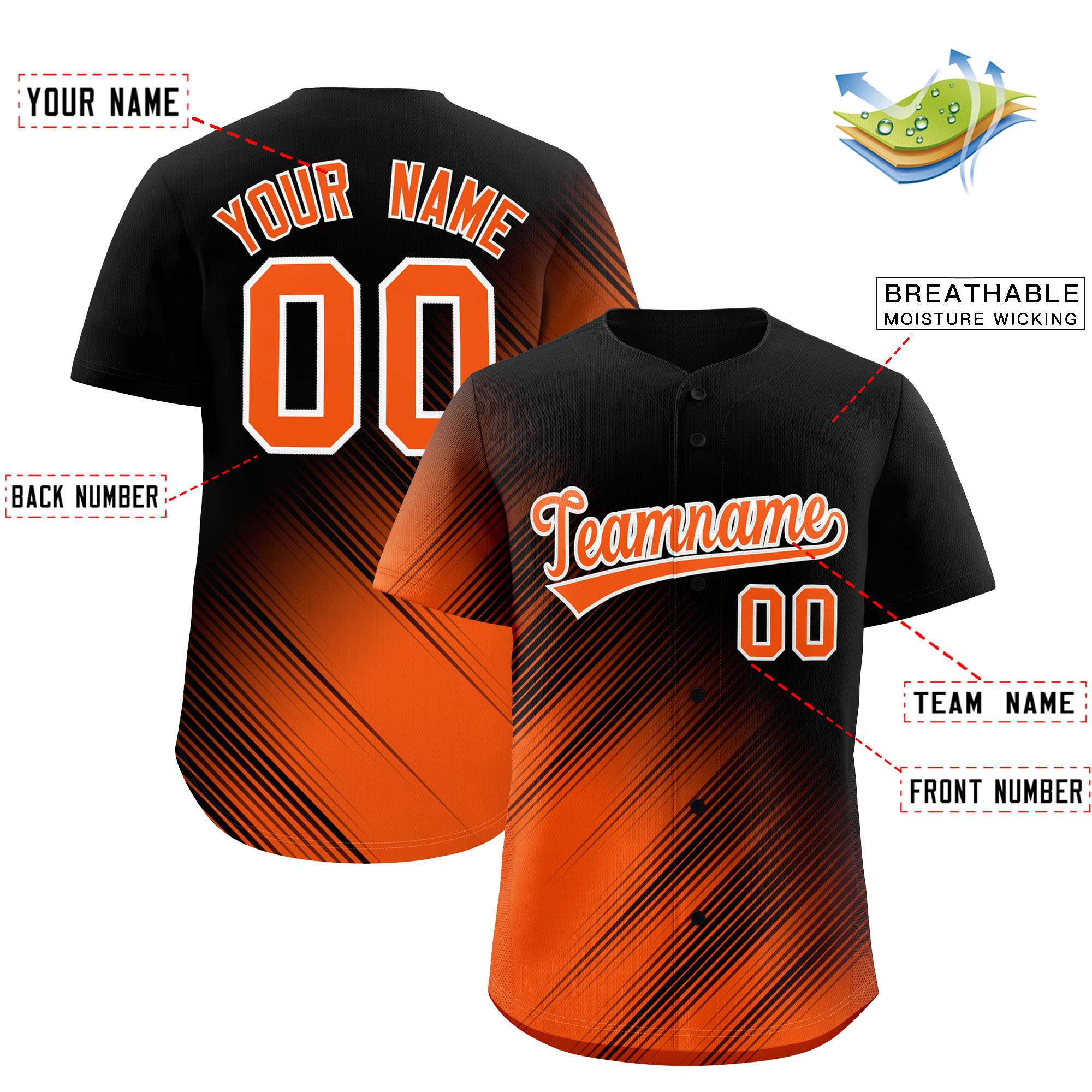 Custom Black Orange Diagonal Stripe Personalized Gradient Fashion Baseball Jersey