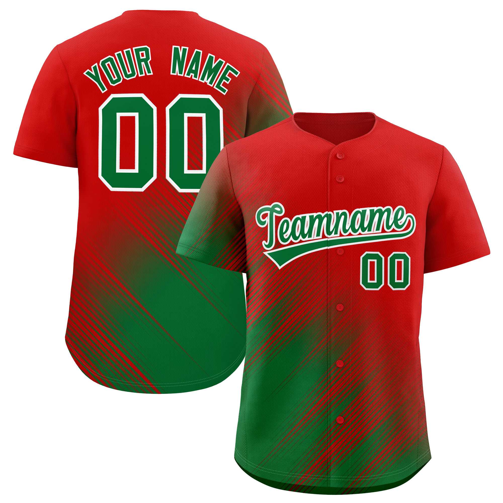 Custom Red Kelly Green Diagonal Stripe Personalized Gradient Fashion Baseball Jersey