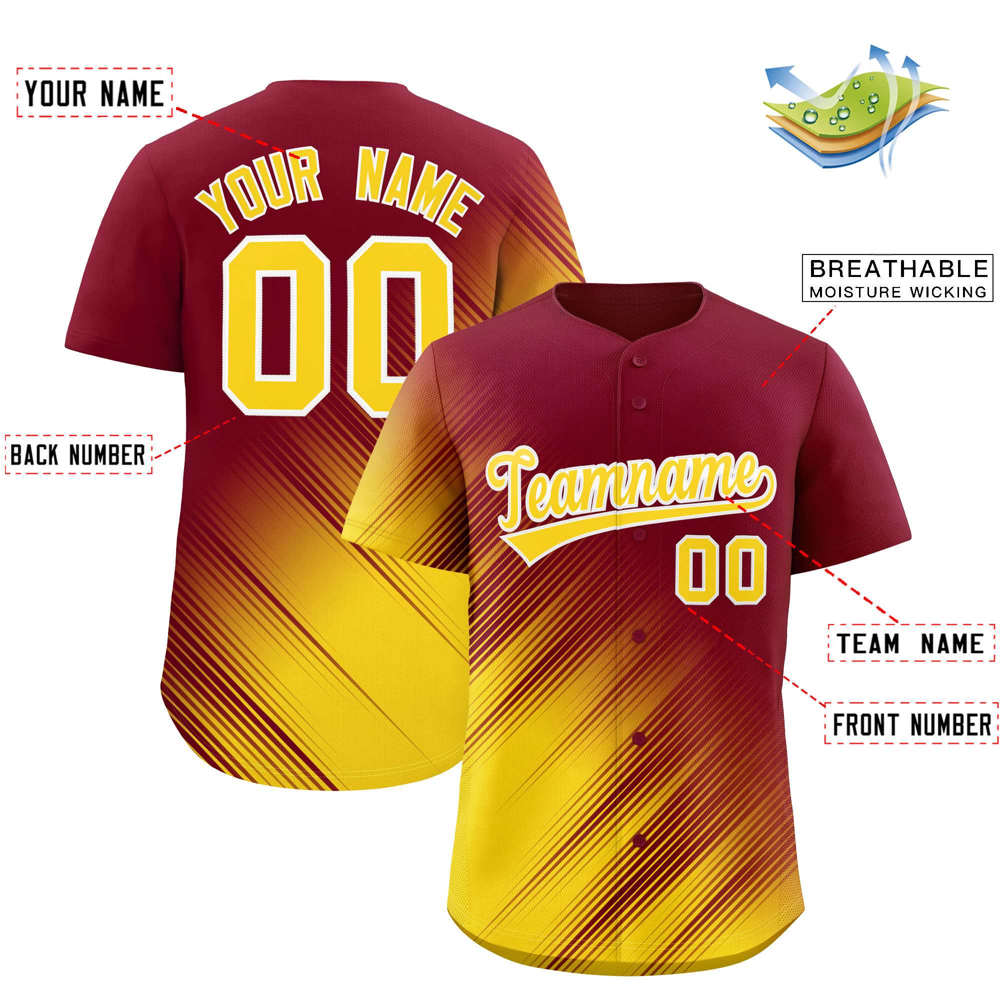 Custom Crimson Gold Diagonal Stripe Personalized Gradient Fashion Baseball Jersey