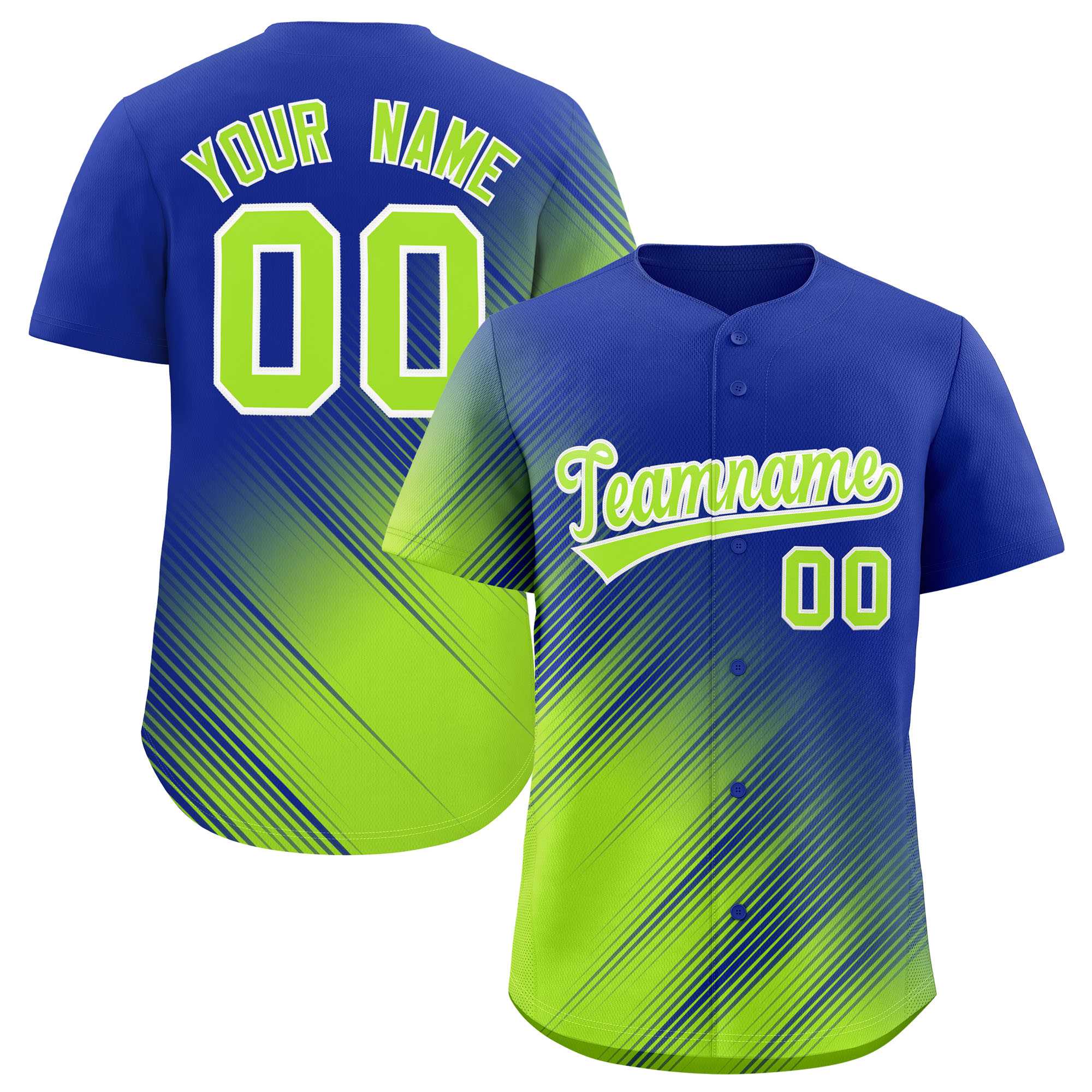 Custom Royal Neon Green Diagonal Stripe Personalized Gradient Fashion Baseball Jersey
