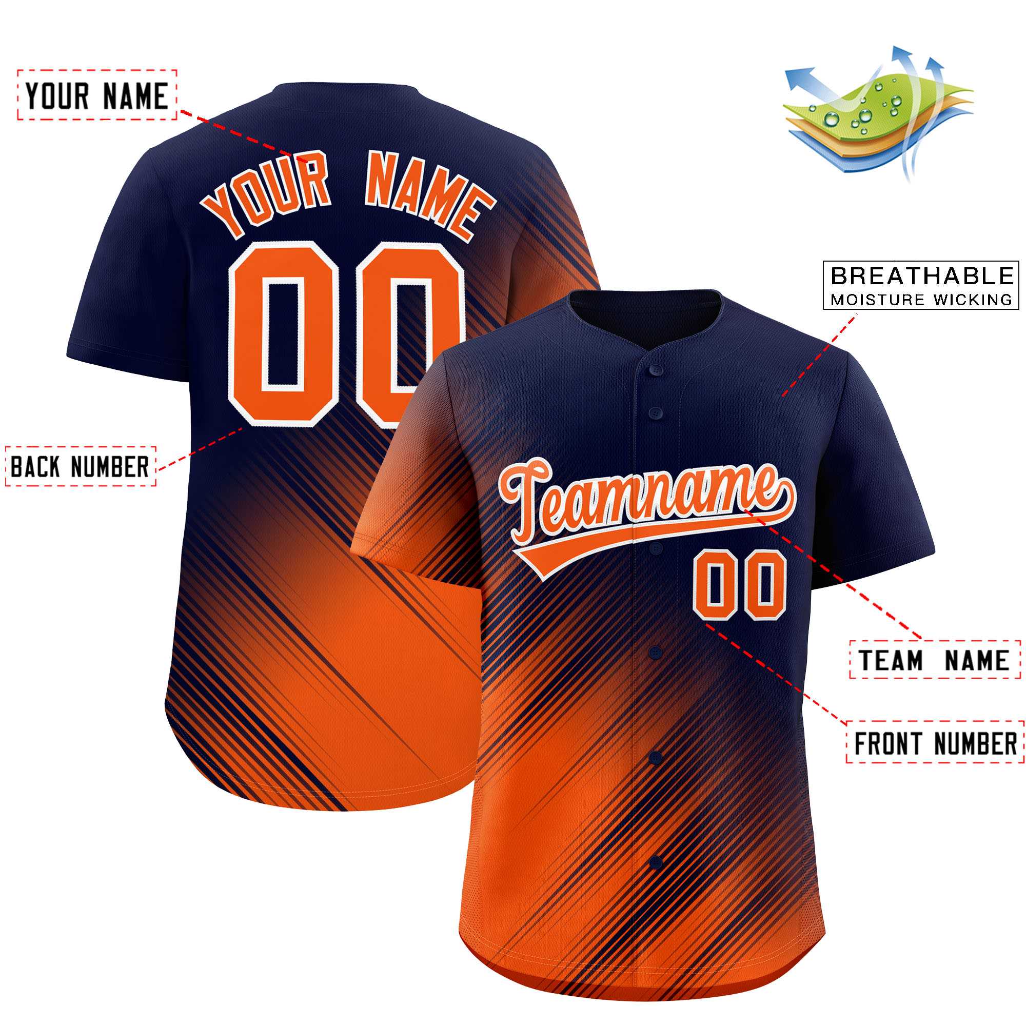 Custom Navy Orange Diagonal Stripe Personalized Gradient Fashion Baseball Jersey