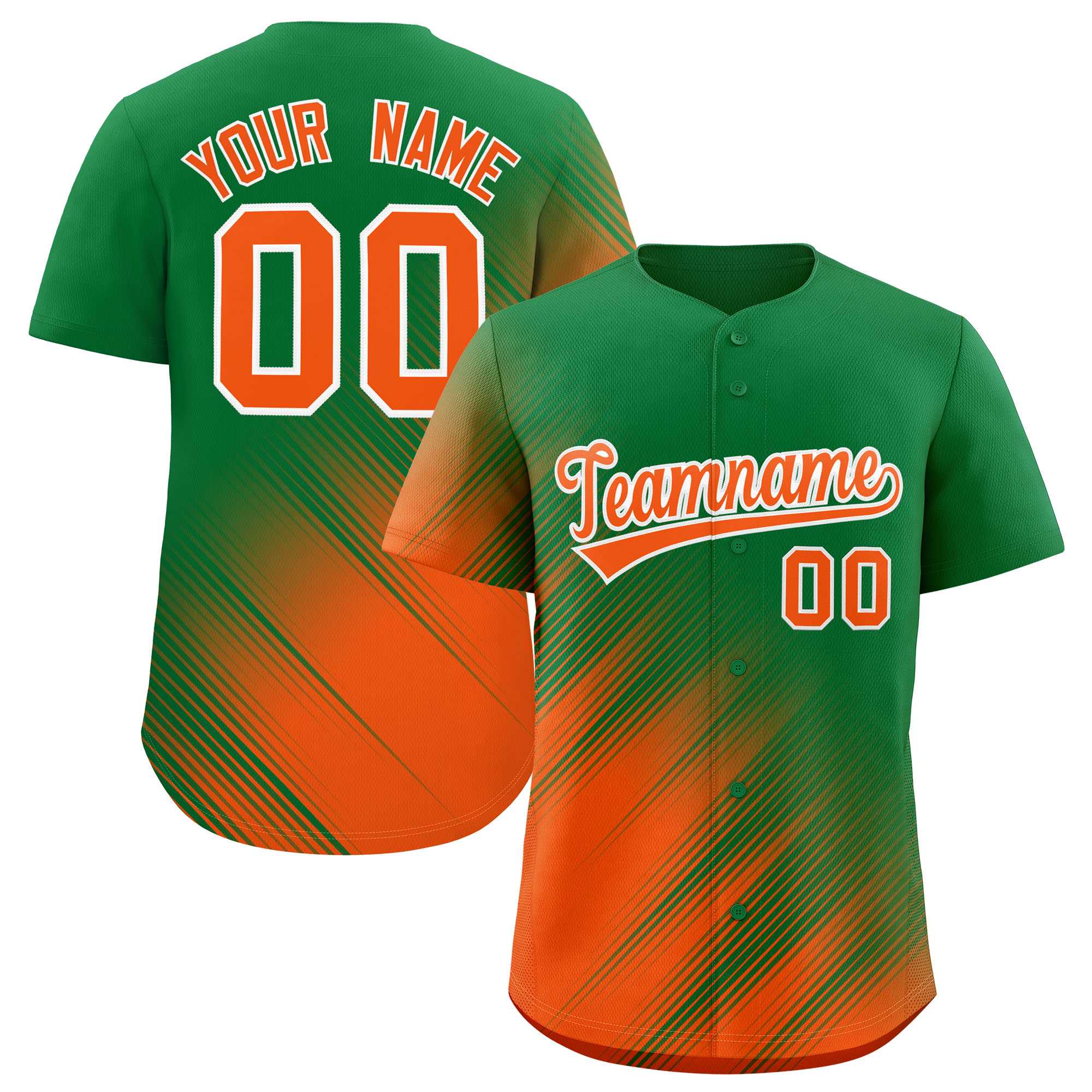 Custom Kelly Green Orange Diagonal Stripe Personalized Gradient Fashion Baseball Jersey