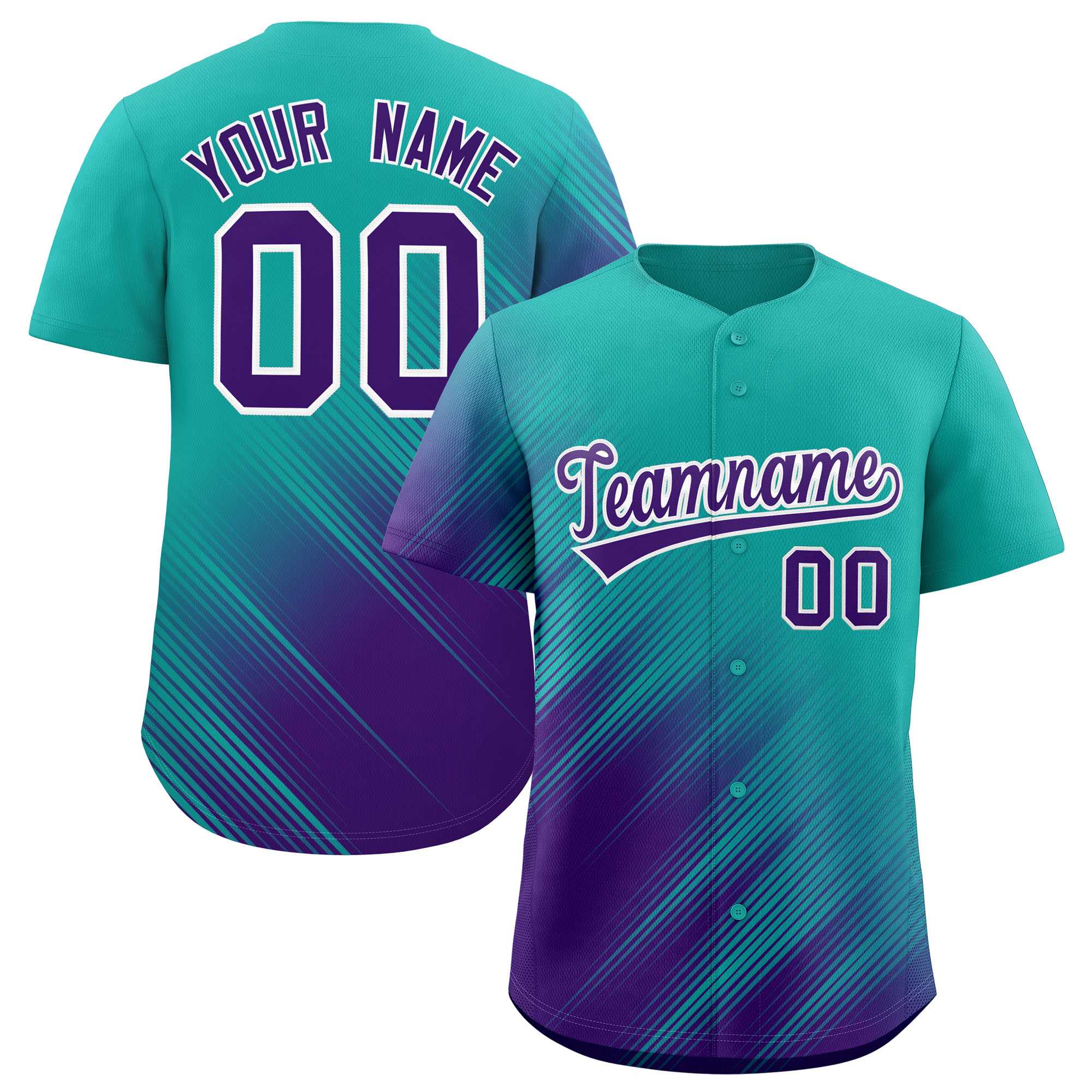 Custom Aqua Purple Diagonal Stripe Personalized Gradient Fashion Baseball Jersey