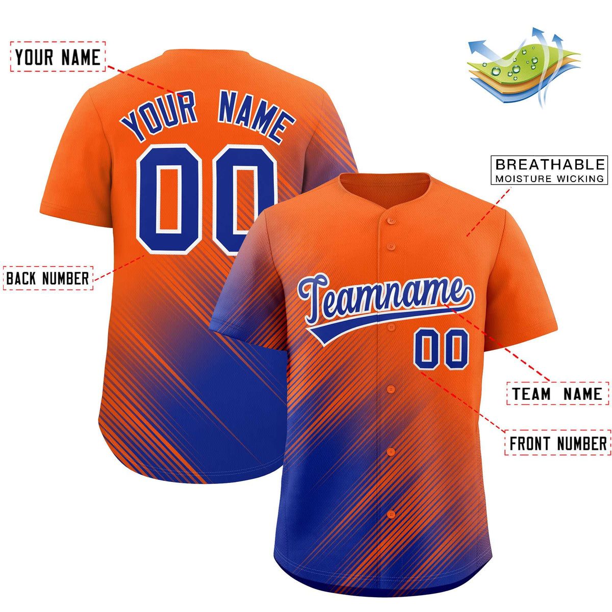Custom Orange Royal Diagonal Stripe Personalized Gradient Fashion Baseball Jersey
