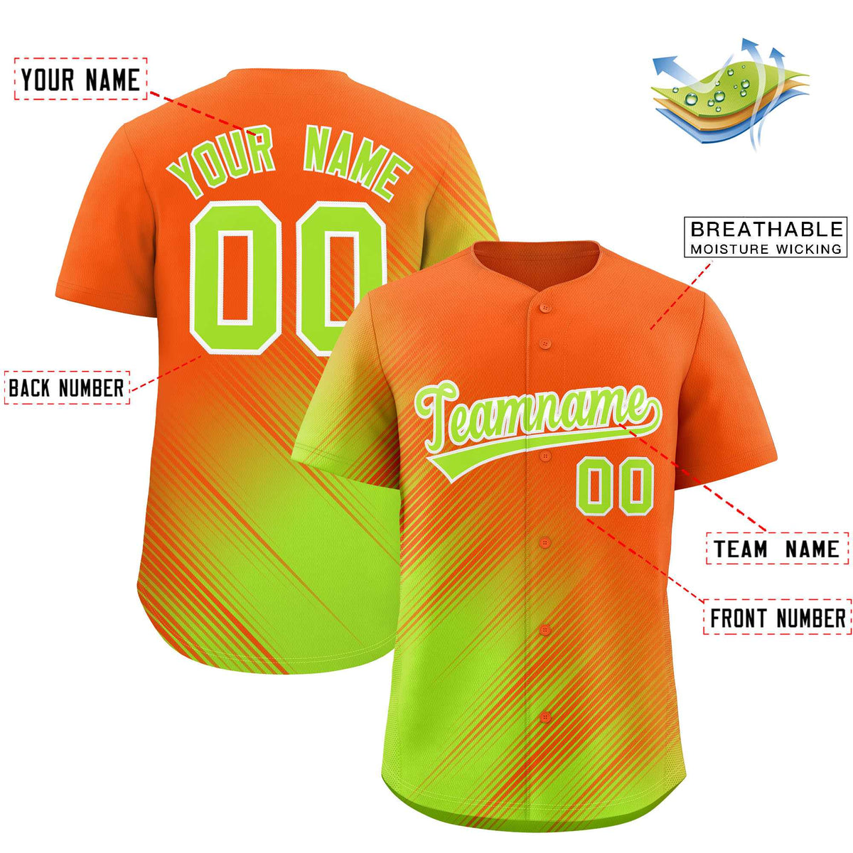 Custom Orange Neon Green Diagonal Stripe Personalized Gradient Fashion Baseball Jersey