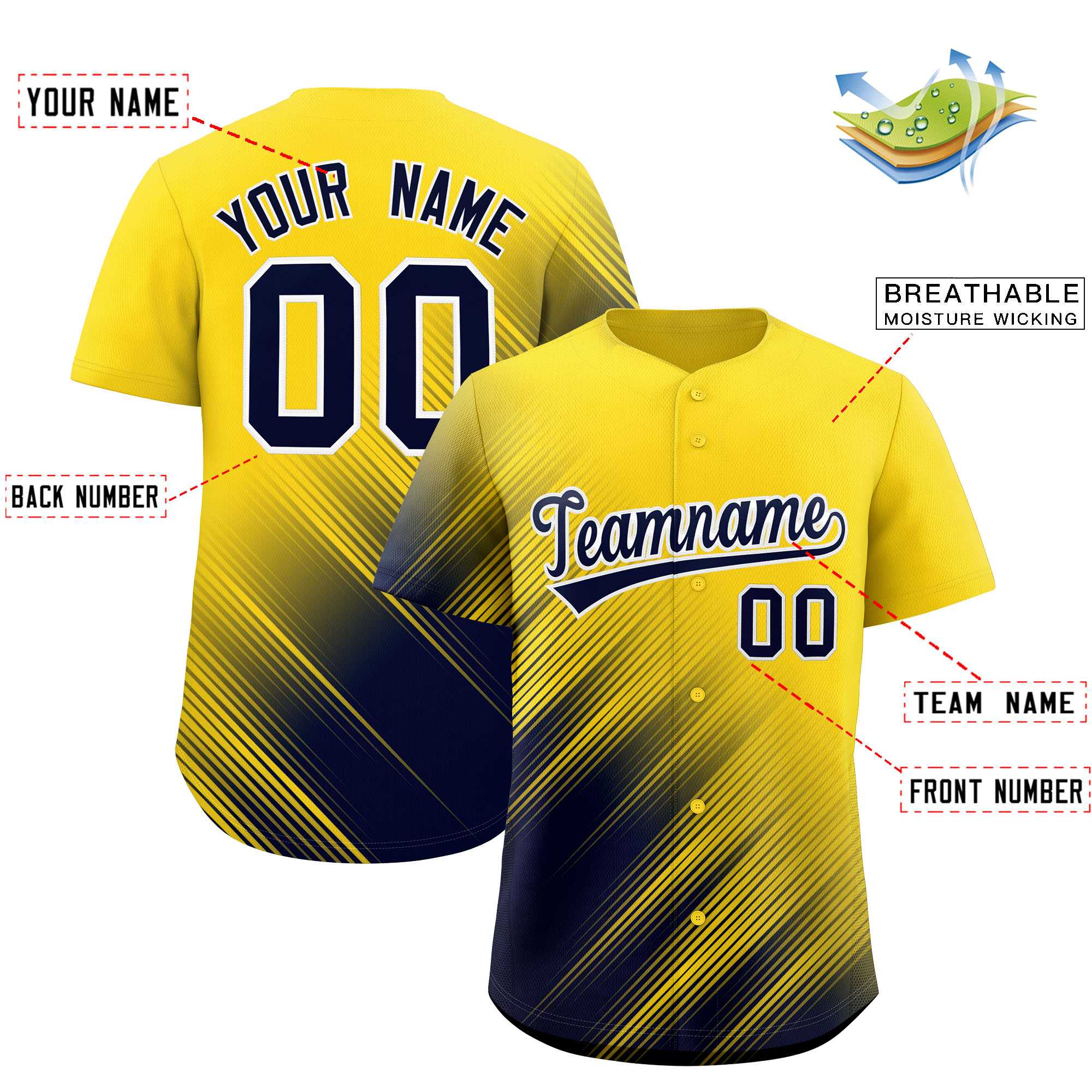 Custom Gold Navy Diagonal Stripe Personalized Gradient Fashion Baseball Jersey