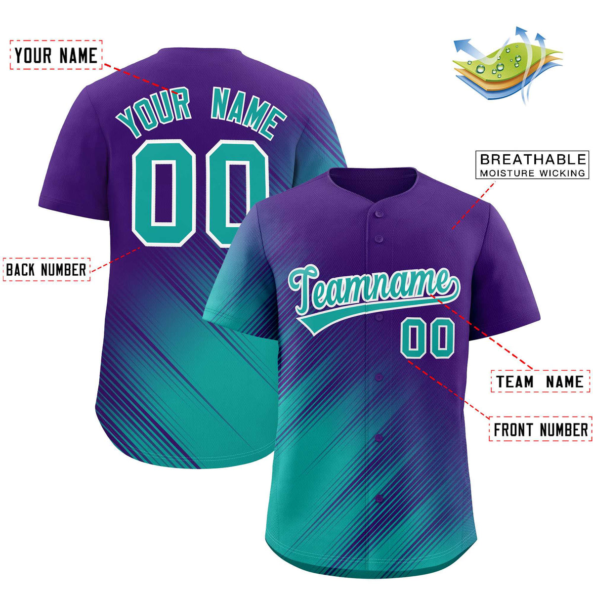 Custom Purple Aqua Diagonal Stripe Personalized Gradient Fashion Baseball Jersey