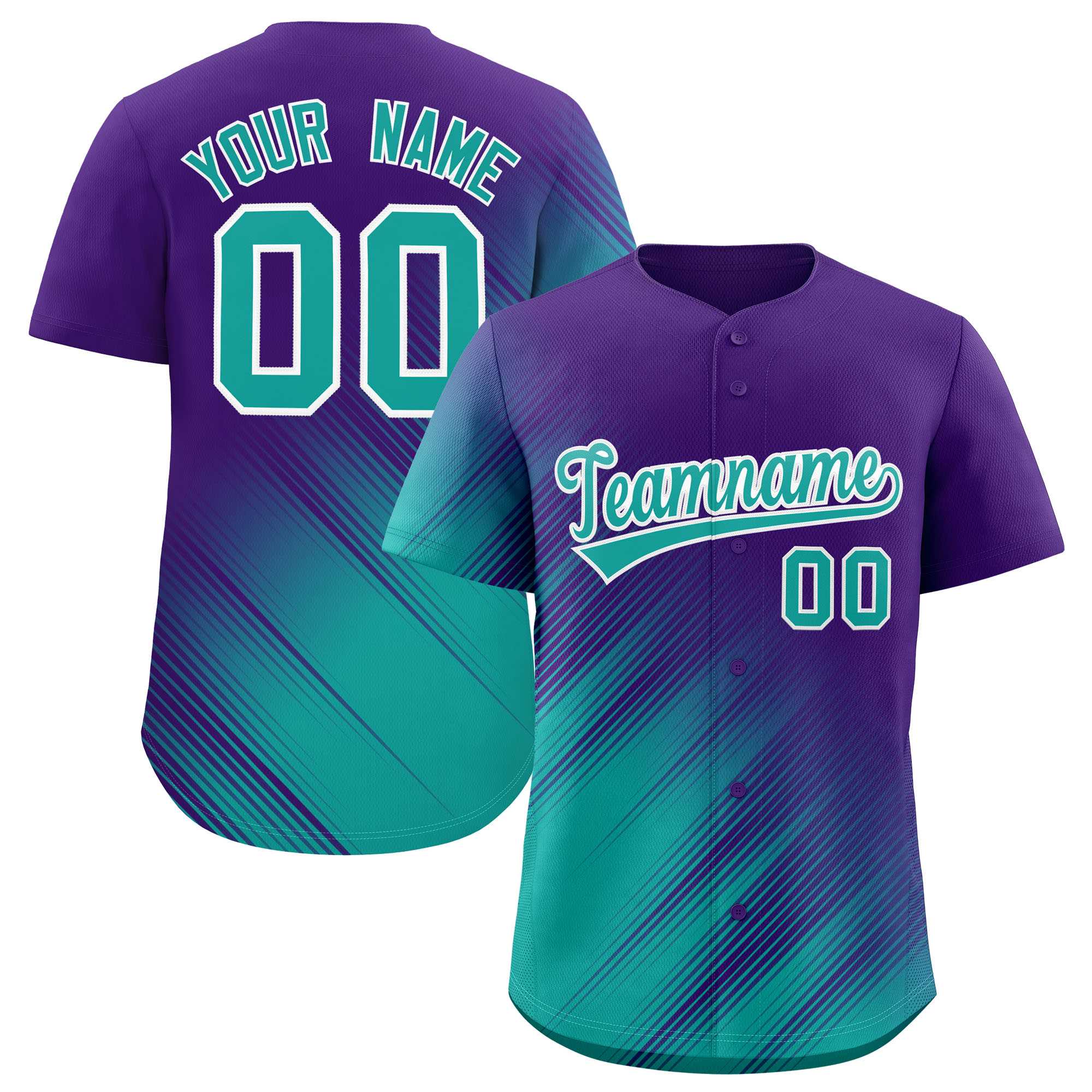 Custom Purple Aqua Diagonal Stripe Personalized Gradient Fashion Baseball Jersey