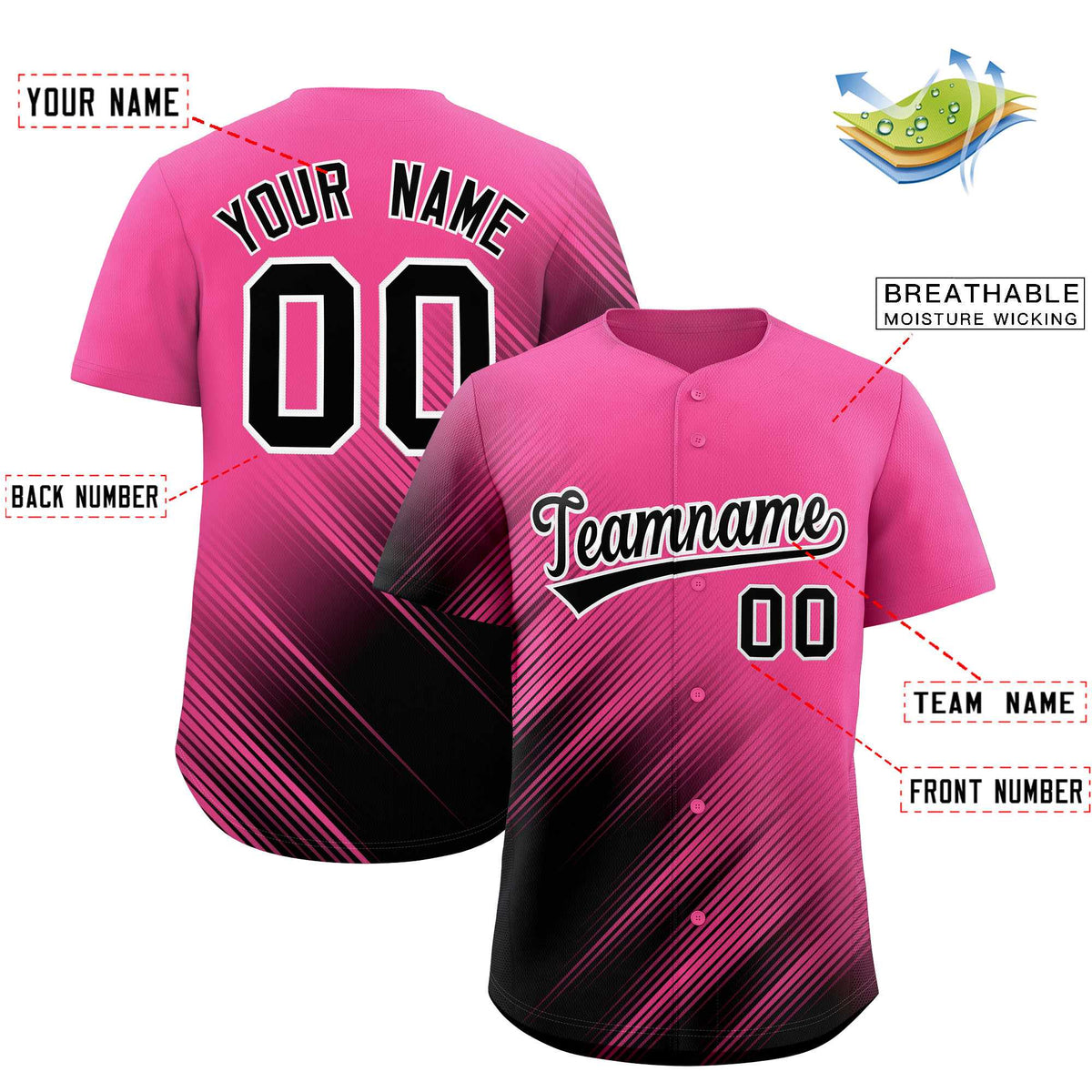Custom Pink Black Diagonal Stripe Personalized Gradient Fashion Baseball Jersey